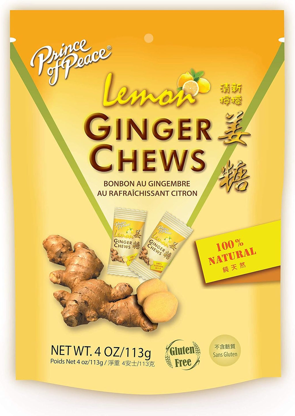 Prince Of Peace Ginger Chews With Lemon, 4 oz. – Candied Ginger – Lemon Candy – Lemon Ginger Chews – Natural Candy – Ginger Candy for Nausea