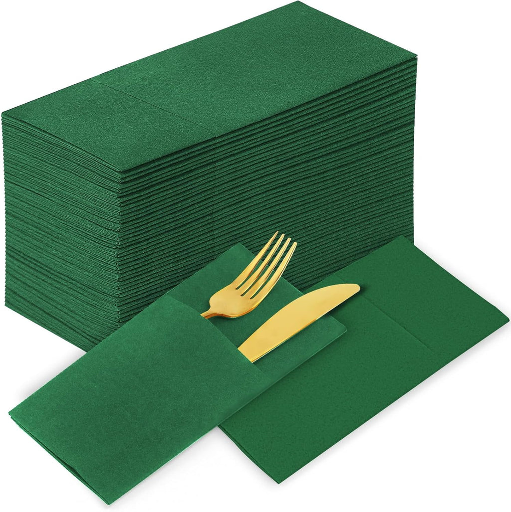 KAMMAK Green Napkin Disposable Cloth Like Dinner Paper Napkins with Pocket 100 Pack Folded Guest Hand Towel for Party Decoration, Wedding Reception, Bathroom, Kitchen, Hotel (16.5 x 16.5 inch)