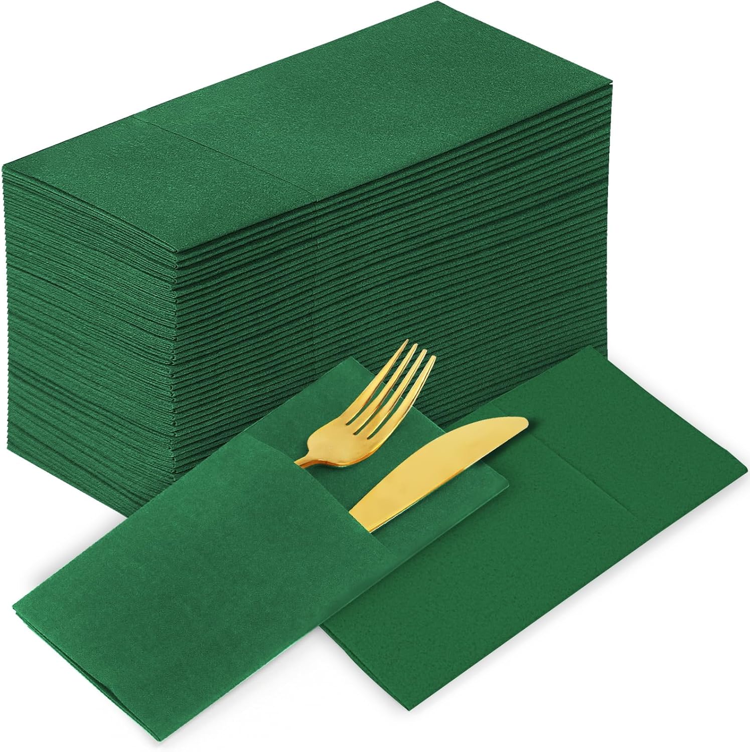 KAMMAK Green Napkin Disposable Cloth Like Dinner Paper Napkins with Pocket 100 Pack Folded Guest Hand Towel for Party Decoration, Wedding Reception, Bathroom, Kitchen, Hotel (16.5 x 16.5 inch)