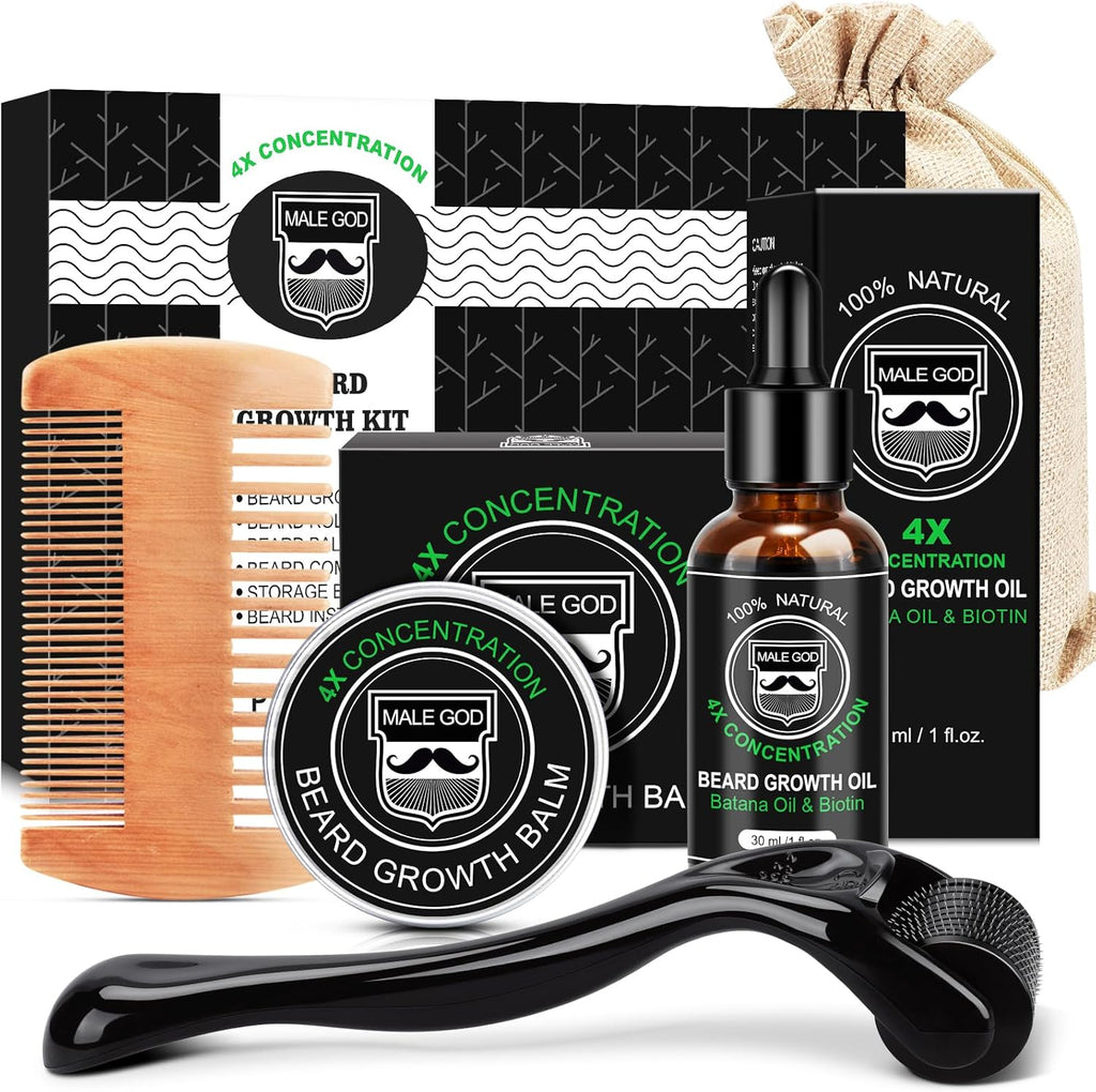 MALE GOD Beard Kit, Beard Growth Kit w/Natural Ingredients Beard Oil & Balm, Razor Strops, Beard Growth Oil, Comb, Anniversary | Birthday Gifts for Men, Him, Husband, Boyfriend, Dad