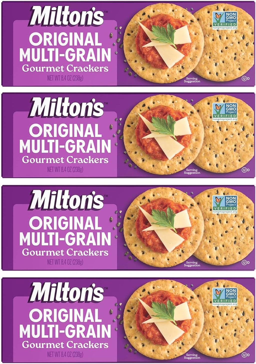 Milton's Gourmet Crackers, Original Multi-Grain - Non-GMO Project Verified, Natural Ingredients, Kosher, Great for Charcuterie Boards - 8.4 Oz, Pack of 4