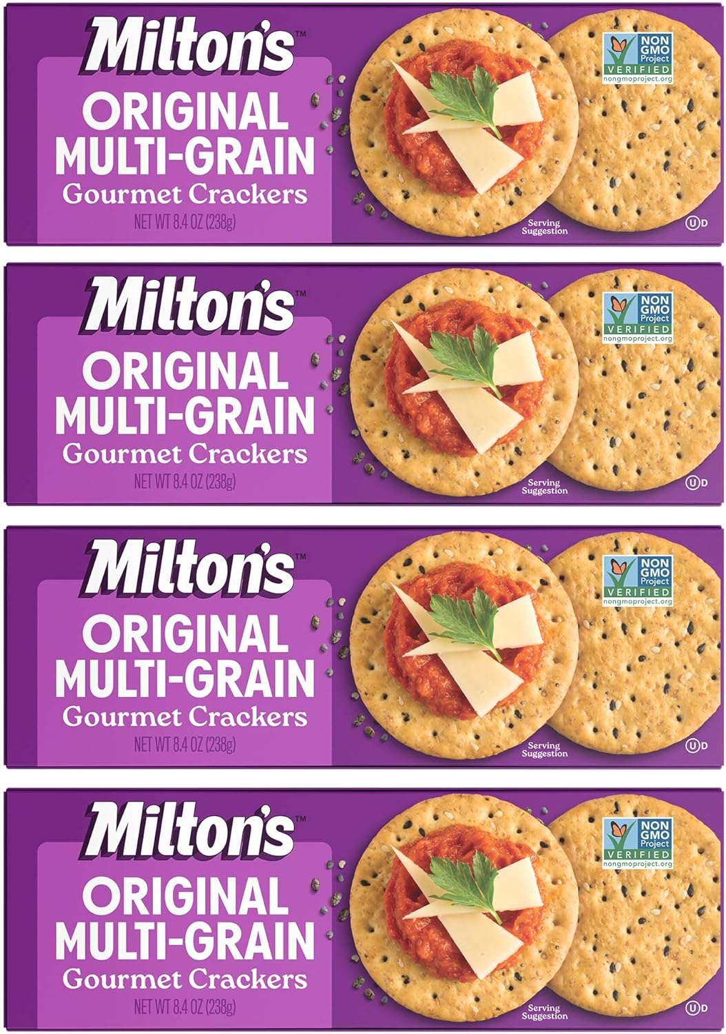 Milton's Gourmet Crackers, Original Multi-Grain - Non-GMO Project Verified, Natural Ingredients, Kosher, Great for Charcuterie Boards - 8.4 Oz, Pack of 4
