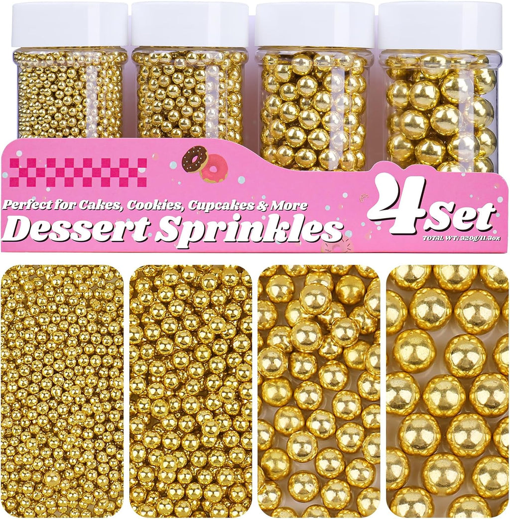 Gold Pearl Sprinkles for Cake Decorating, 11.3 Oz Edible Pearls Sugar Large Capacity 4 Jars Set for Baking Cookie Ice Cream Cupcake Topping