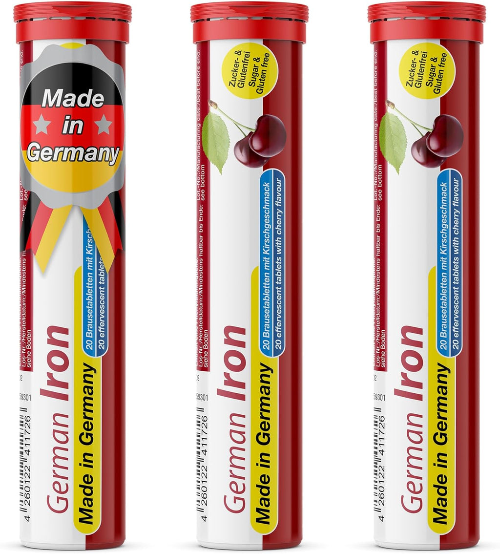 T&D German Iron 14 mg - 60 Vegan Drink Effervescent Tablets - Cherry Flavor - Made in Germany