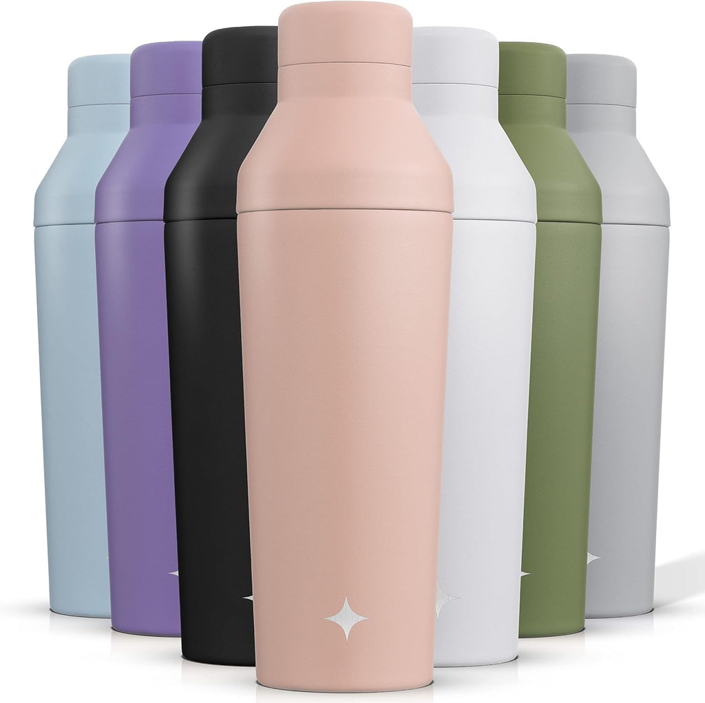 JoyJolt Triple Insulated Cocktail/Protein Shaker Bottle. 20oz Shaker Cup with Alcohol Measure Lid and Jigger Cap. 12hr Ice Cold Bottle for Protein Mixes, Shake or Smoothie, Metal Mixer