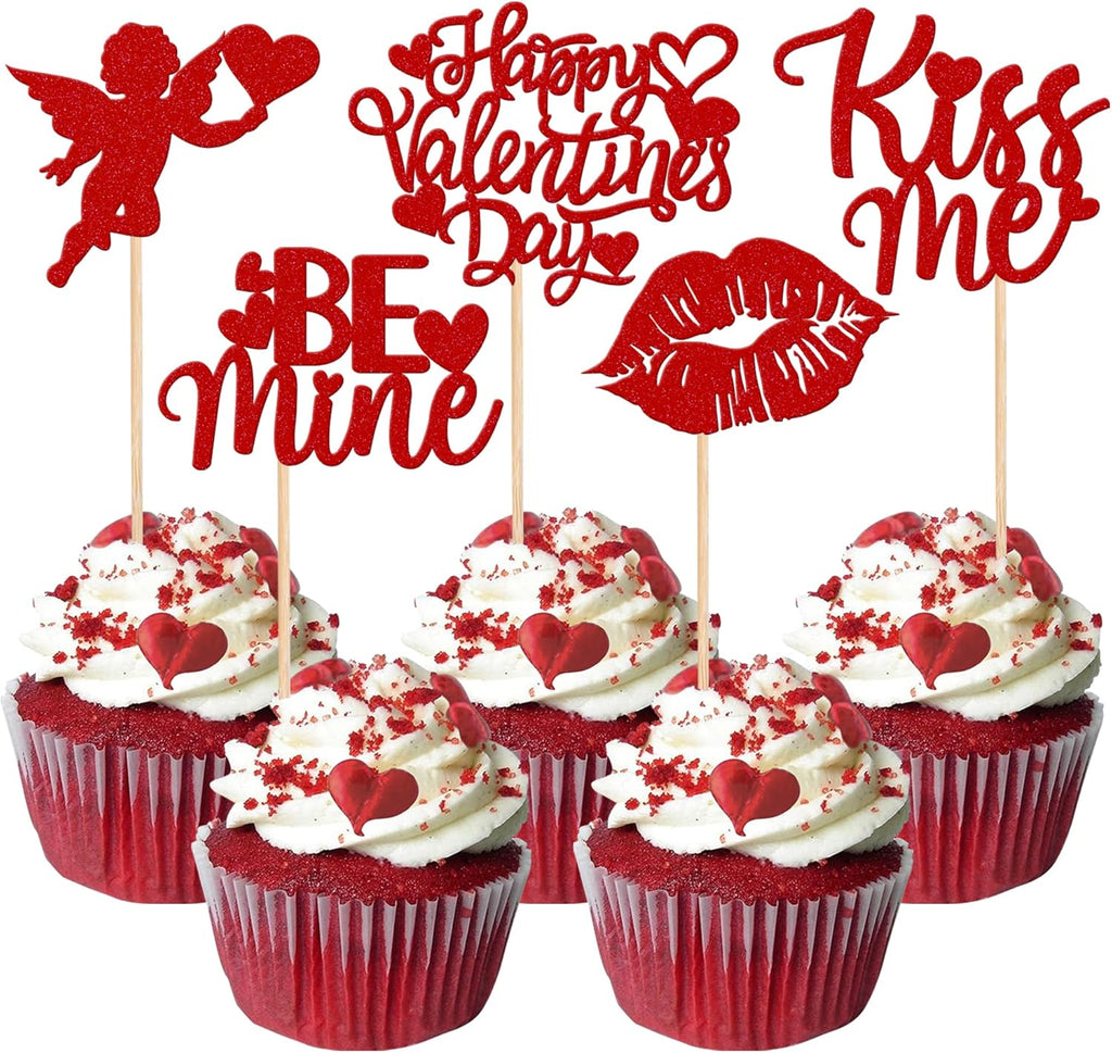 Rsstarxi 30 Pack Happy Valentine's Day Cupcake Toppers Glitter Cupid Love Heart Lip Kiss Me Be Mine Cupcake Picks for Valentine's Day Theme Wedding Party Cake Decorations Supplies Red