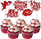 Rsstarxi 30 Pack Happy Valentine's Day Cupcake Toppers Glitter Cupid Love Heart Lip Kiss Me Be Mine Cupcake Picks for Valentine's Day Theme Wedding Party Cake Decorations Supplies Red