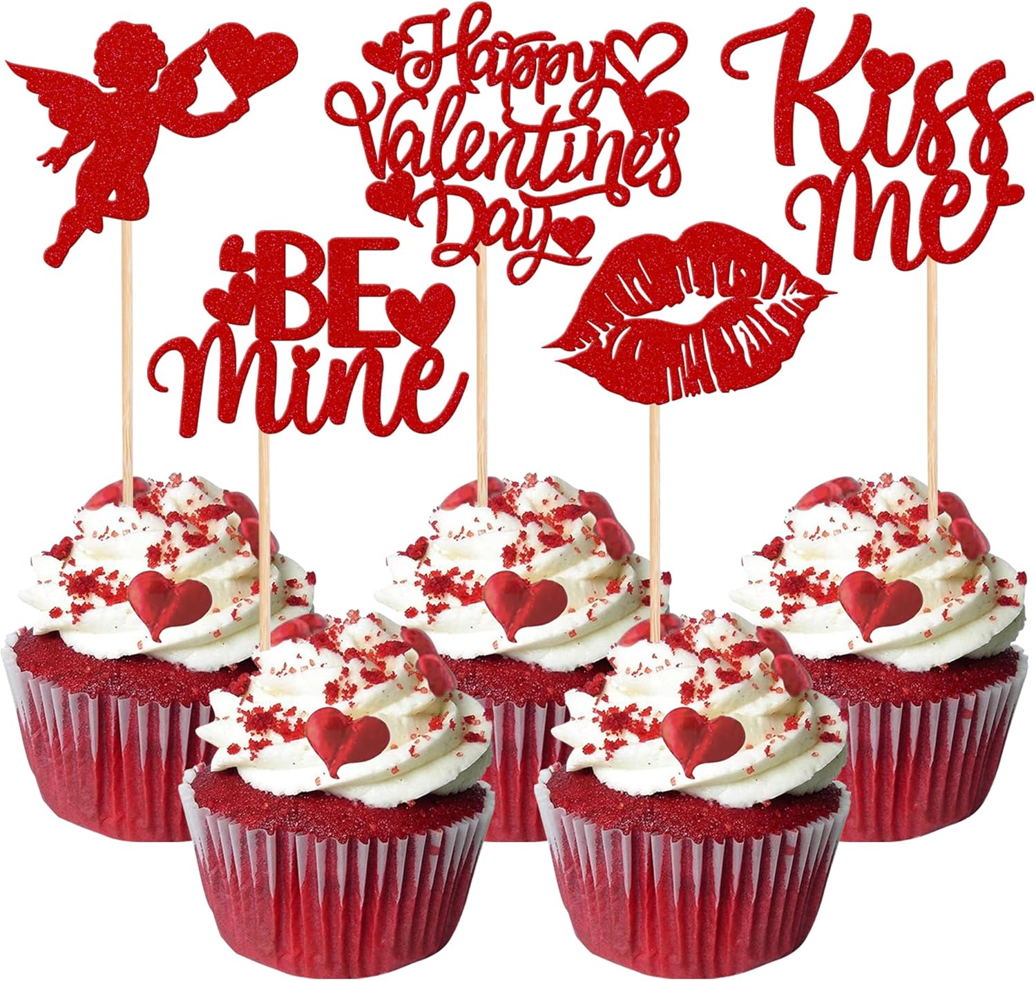 Rsstarxi 30 Pack Happy Valentine's Day Cupcake Toppers Glitter Cupid Love Heart Lip Kiss Me Be Mine Cupcake Picks for Valentine's Day Theme Wedding Party Cake Decorations Supplies Red