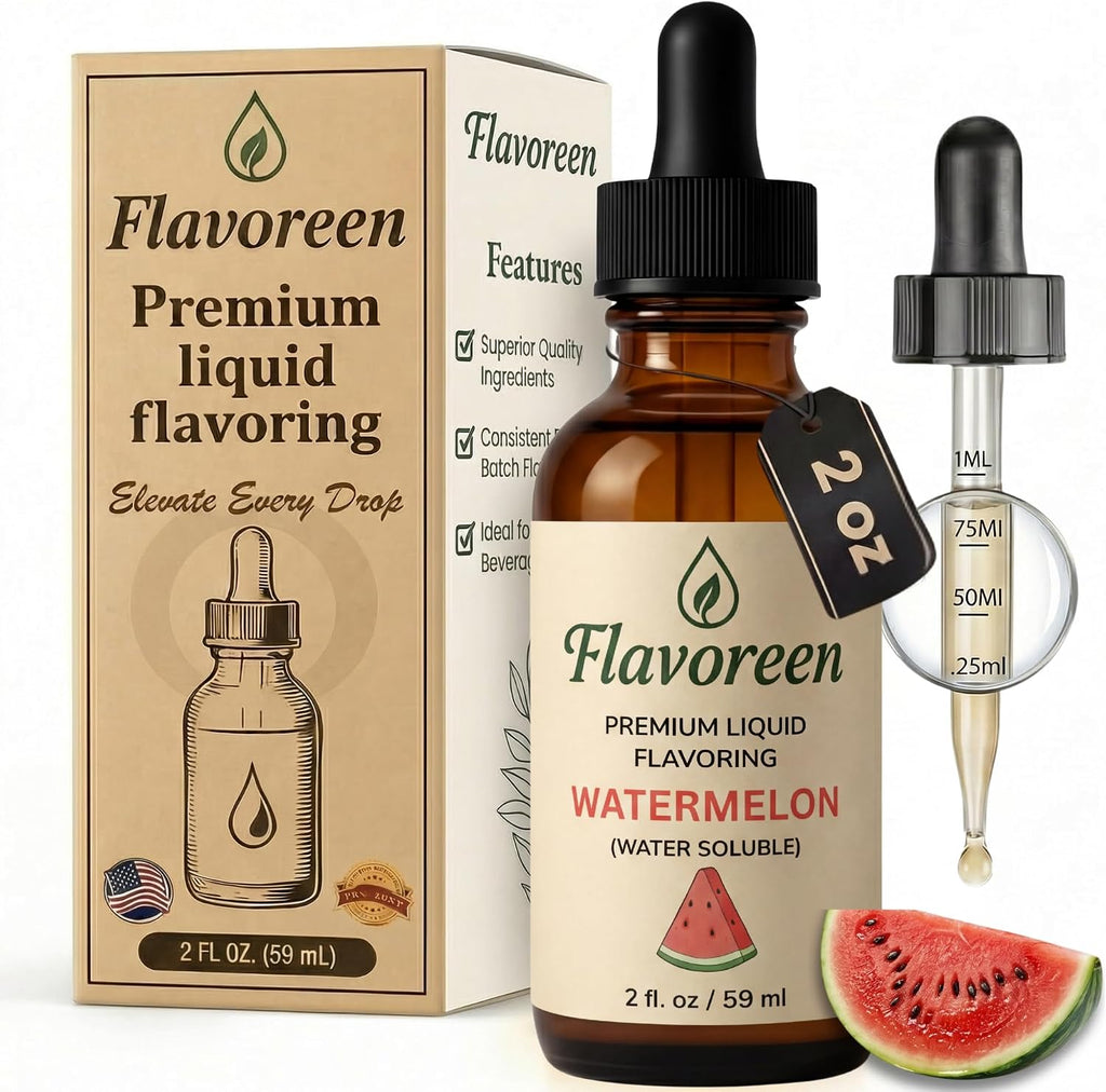 Flavoreen Watermelon Extract – Highly Concentrated Liquid Flavoring - Water Soluble - for Drinks, Candy Making, Baking, Icing & Sodas – Premium Watermelon Fruit Flavor – Made in USA (Amber Glass Dropper Bottle)