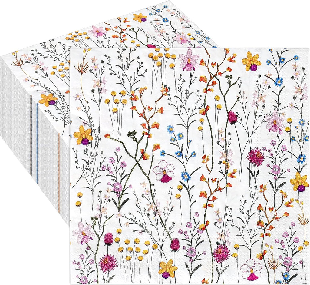 Whaline 80 Pcs Flower Paper Napkins Wildflower Luncheon Napkin Disposable Floral Party Decorative Dinner Hand Napkin for Spring Wedding Birthday Party Supplies