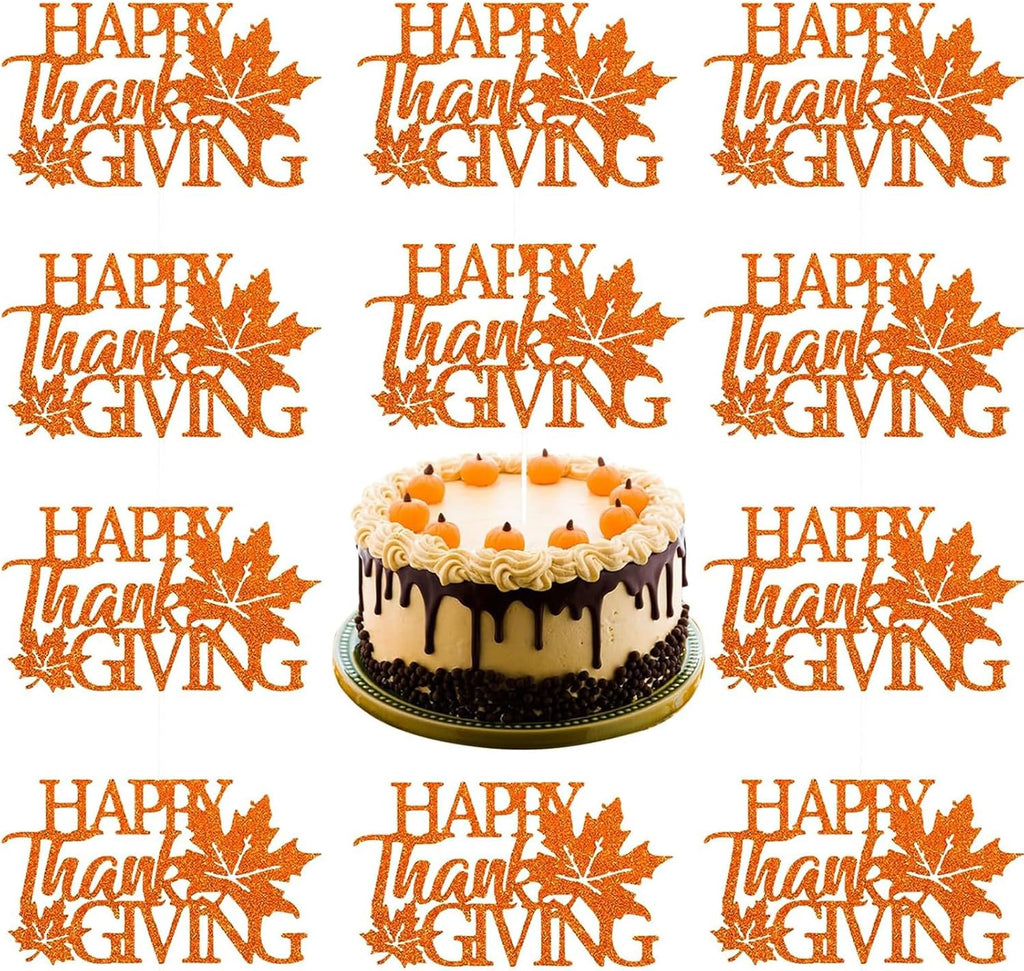 10Pcs Happy Thanksgiving Cake Toppers Glitter Maple Leaf Cupcake Toppers Fall Leaves Cake Topper for Thanksgiving Birthday Party Autumn Cake Decorations Supplies Orange