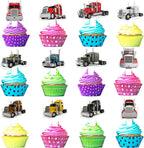 24-Pcs Semi Truck Cupcake Toppers Set Transportation Themed Happy Birthday - Kids Big Truck Themed Party, Boy and Girl Birthday Party, or Baby Shower Party Car Decorations - LIANGSS