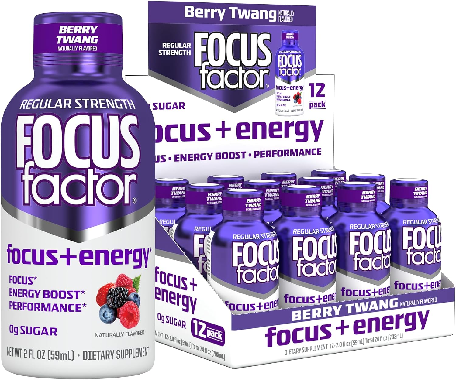 Focus Factor Focus + Energy Shots - 12 x 2oz Bottles (Berry Twang Flavor) - Powered by Nootropics with Caffeine, L-Theanine, Ginkgo, Bacopa, L-Tyrosine, Alpha GPC