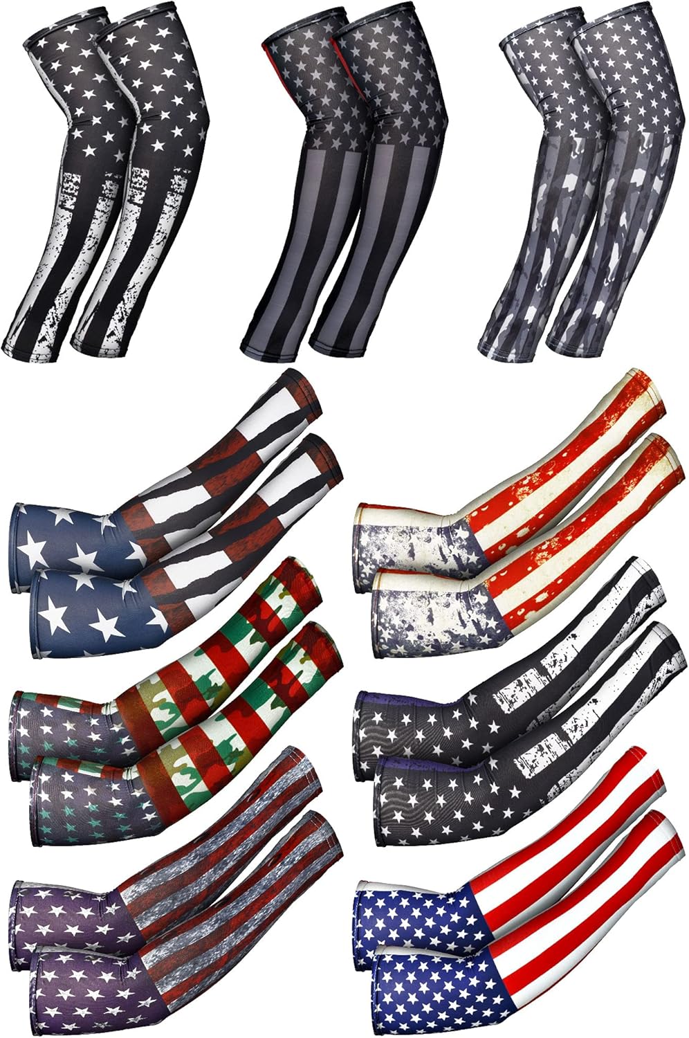 Geyoga 9 pairs American Flag Arm Sleeves for Men Women, 250th Anniversary Independence Day Cooling Sun Protection Sleeves, Ice Silk Faith Cross Arm Covers for Baseball Football Cycling Outdoor Sports