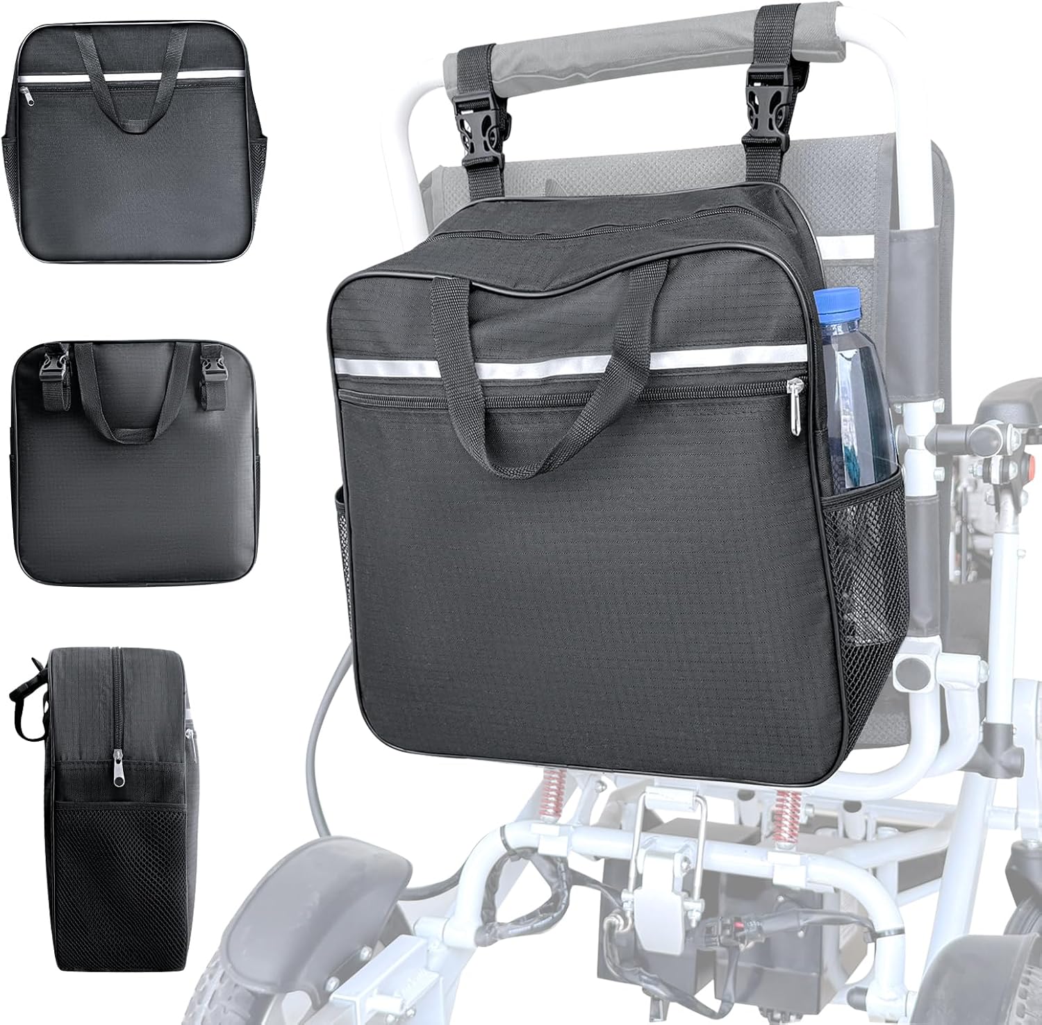 Wheelchair Backpack Bags, Wheelchair Accessories Bag with Cup Holder, Large Storage Pouch Bag with Reflective Stripe and Shoulder Strap for Electric Wheelchair, Mobility Scooter, Manual Wheelchair