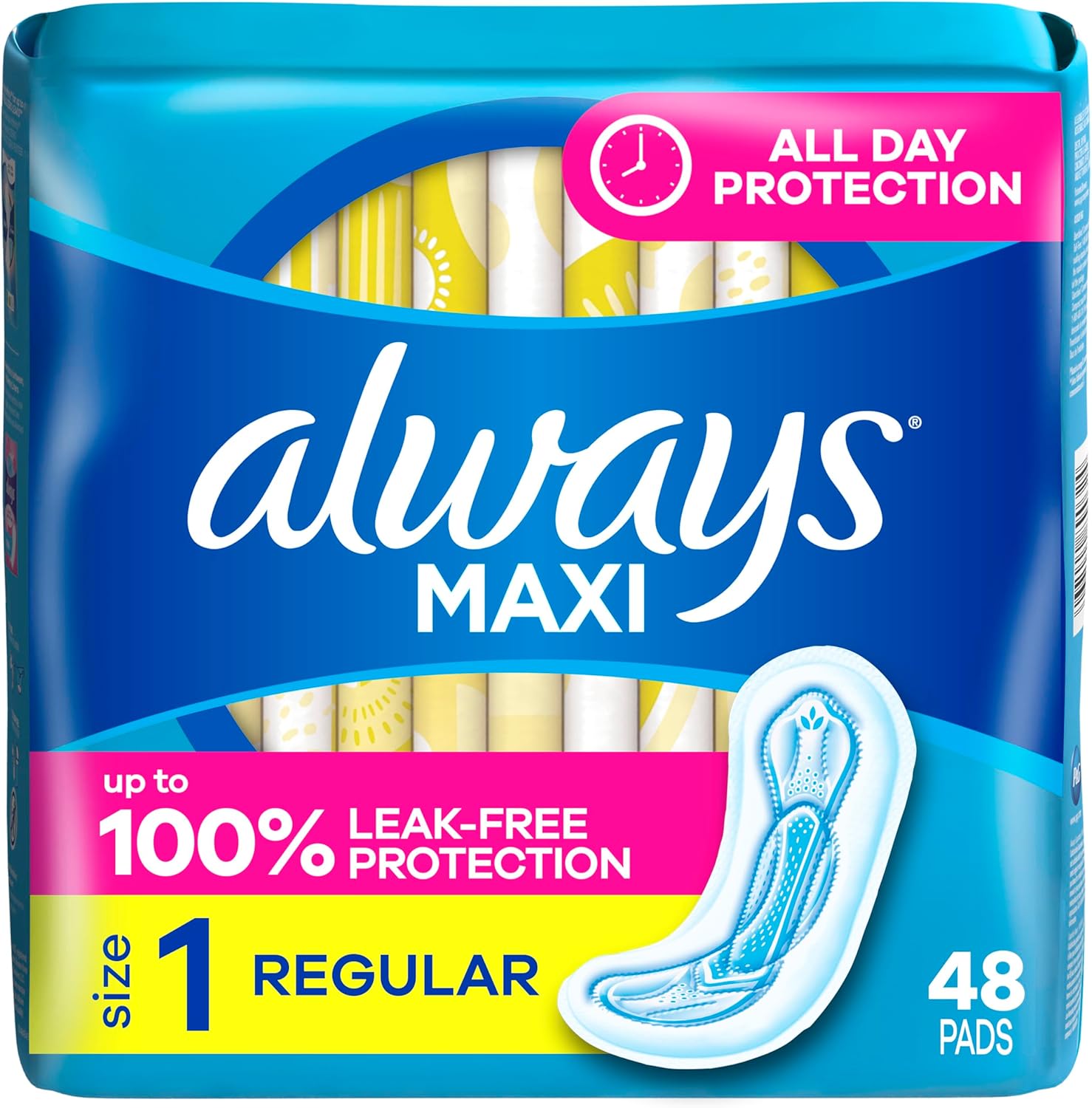Always Maxi Feminine Pads Without Wings for Women, Size 1, Regular Absorbency, Unscented 48 Count
