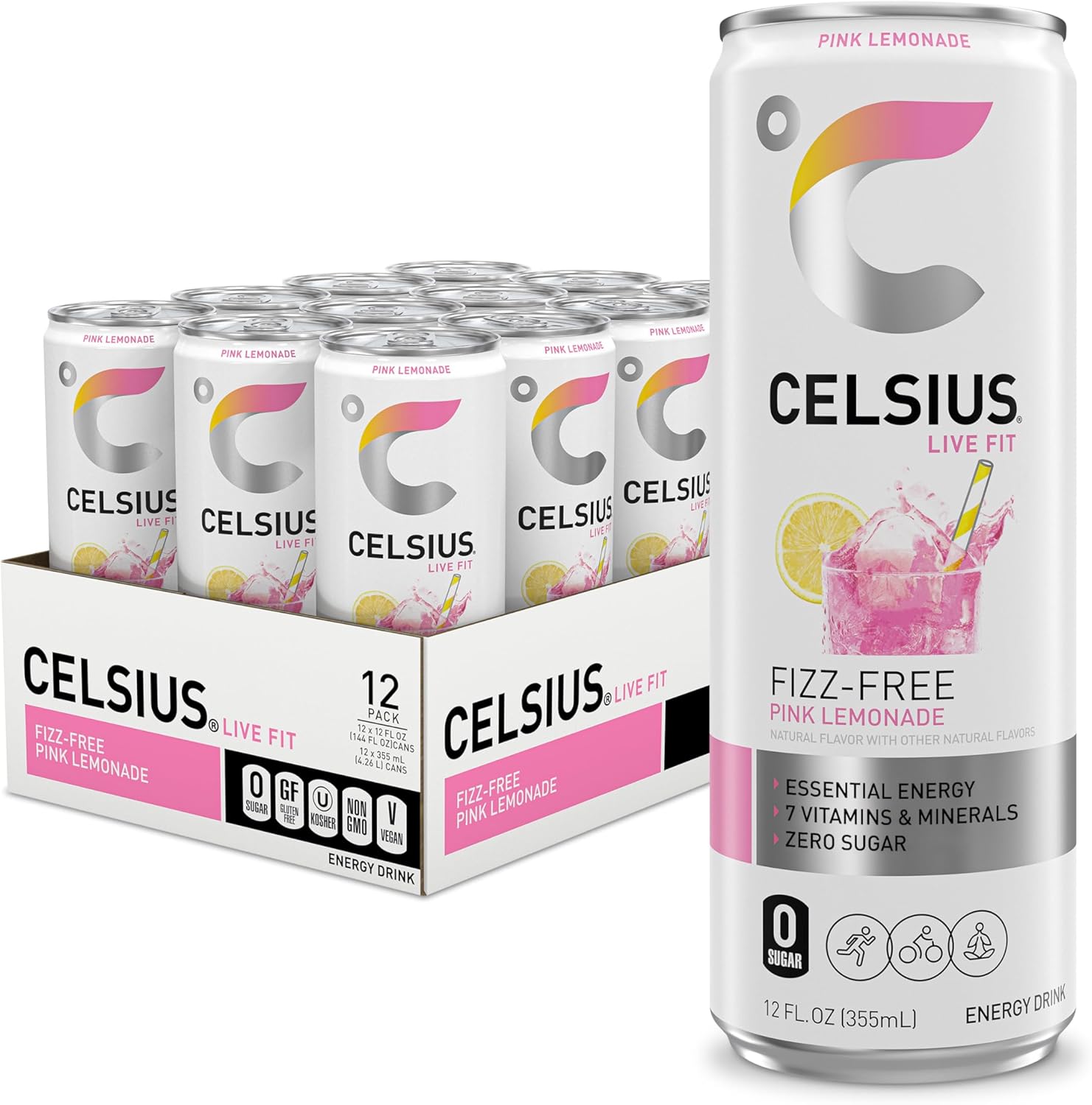 CELSIUS Fizz Free Pink Lemonade, Sugar Free Energy Drink, 12 Fl Oz (Pack of 12)
