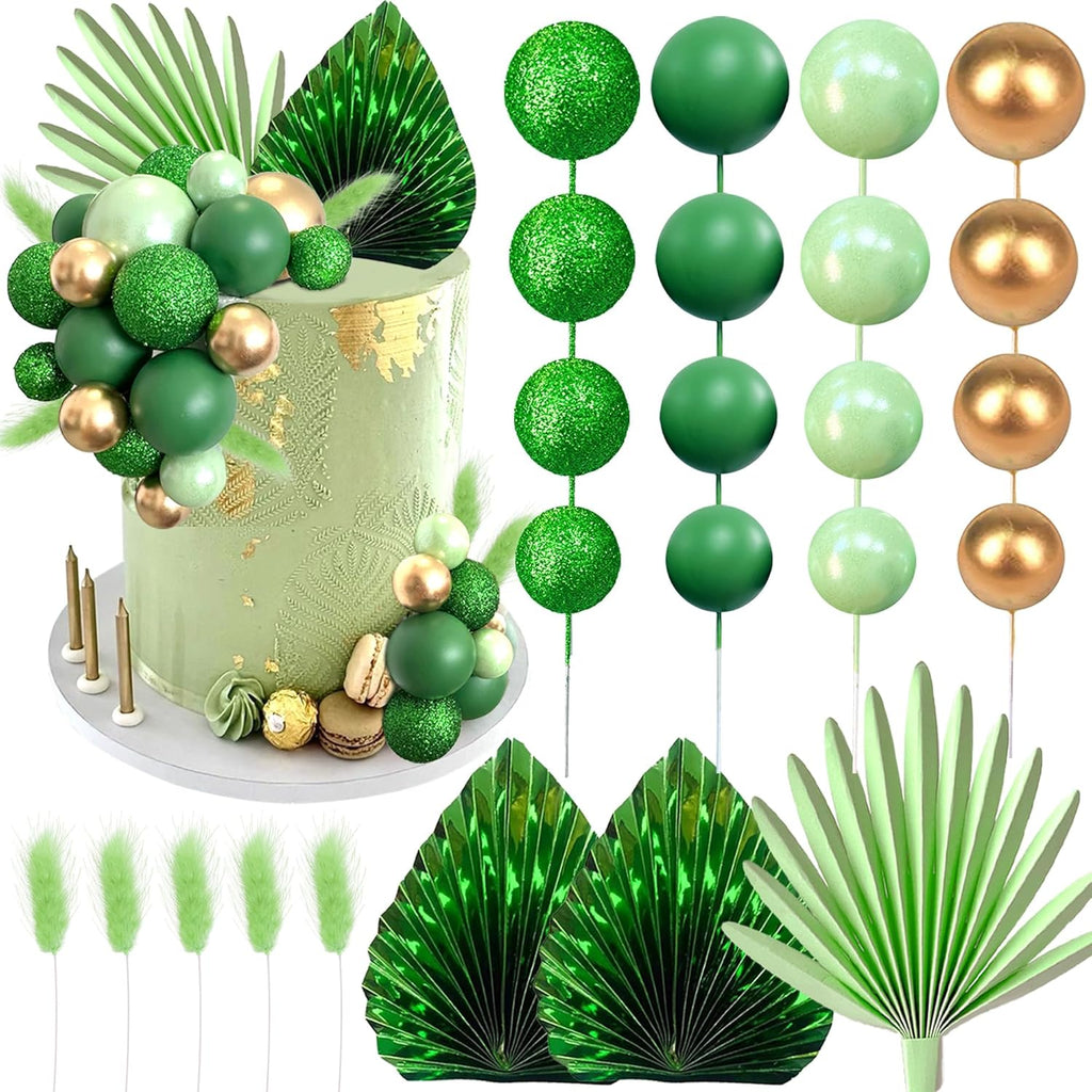 38 PCS Balls Cake Toppers Palm Leaves Cake Decorations for Birthday Wedding Baby Shower Party Supplies (Green)