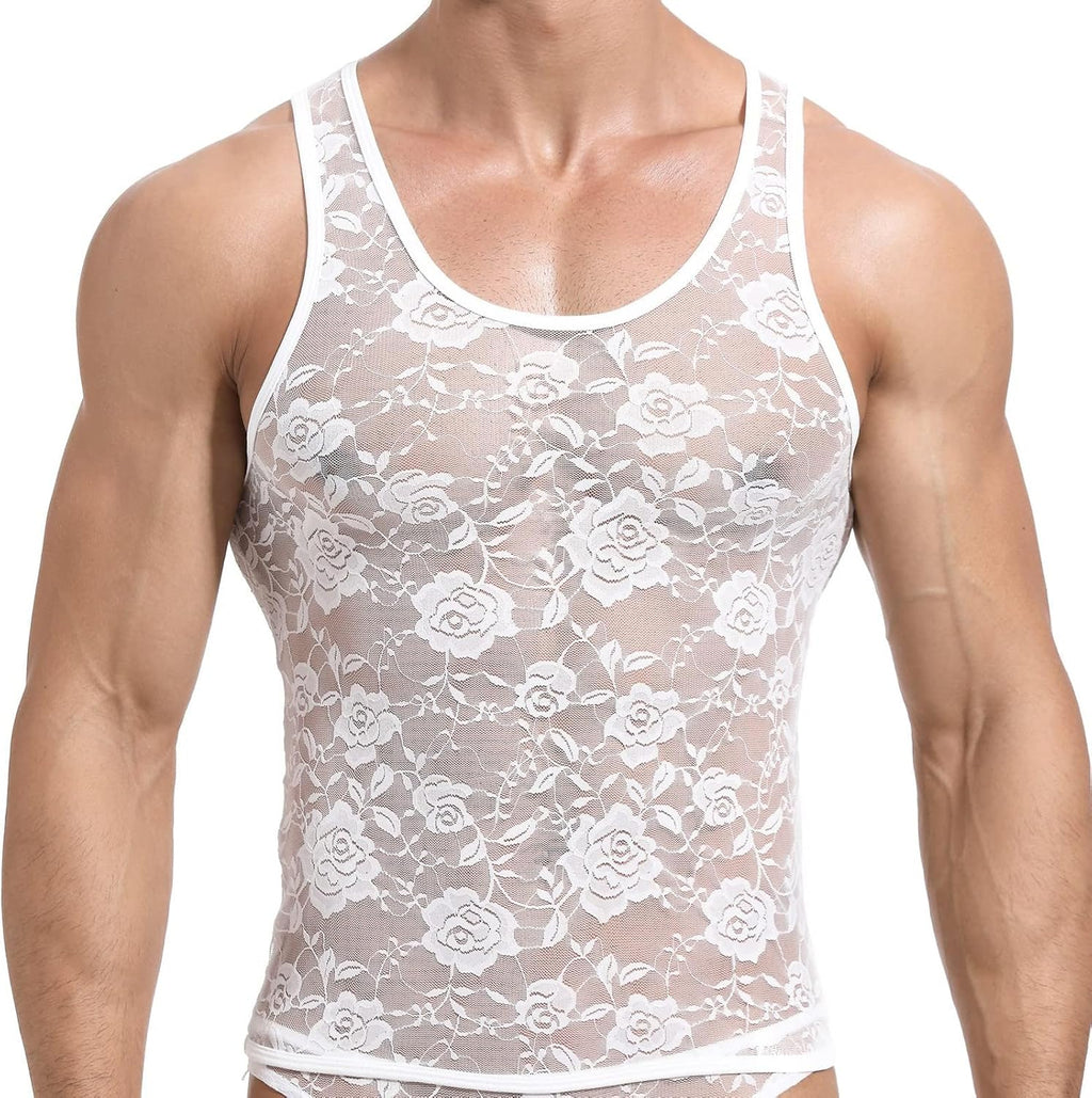 Men Lace Shirt See Through Tank Top Sleeveless Fishnet Sheer Underwear Sissy Lingerie for Crossdressers