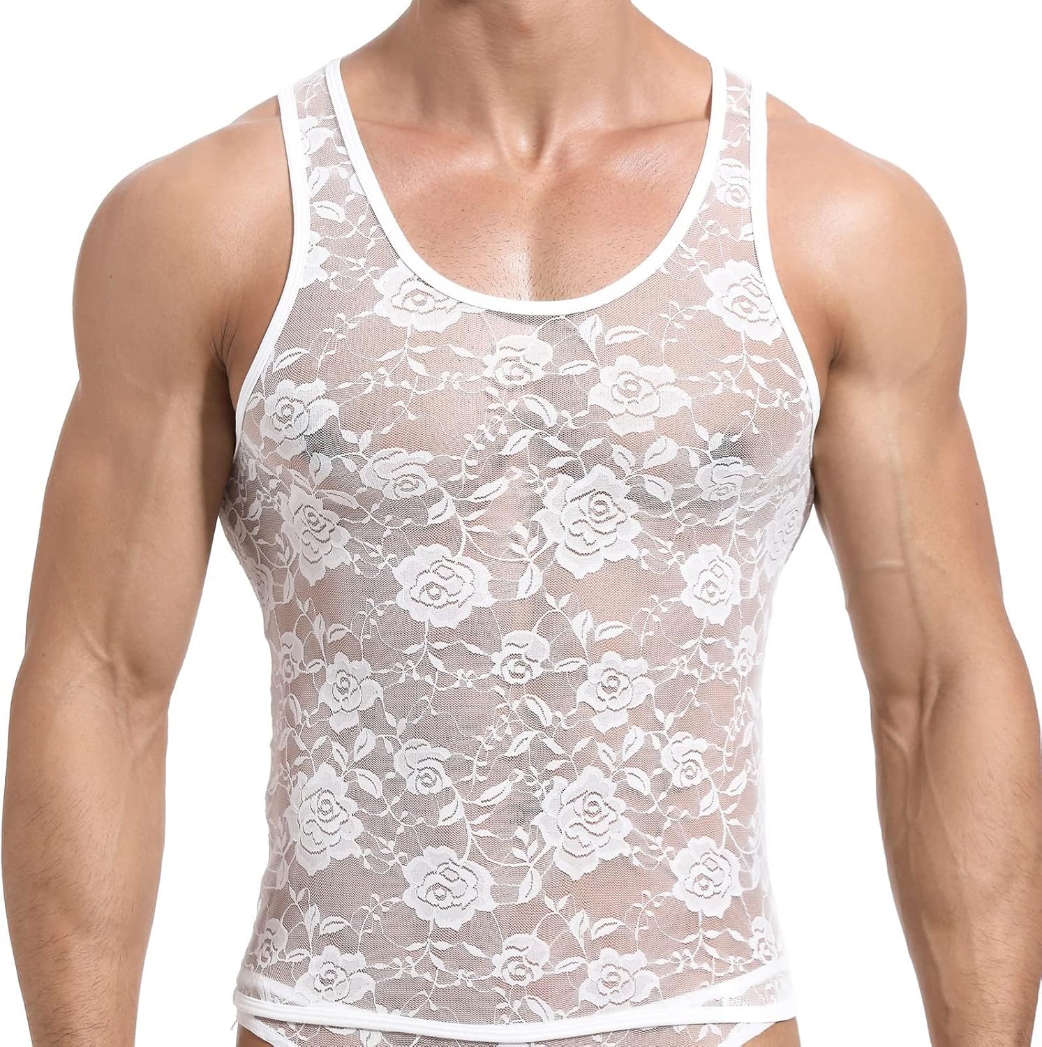 Men Lace Shirt See Through Tank Top Sleeveless Fishnet Sheer Underwear Sissy Lingerie for Crossdressers