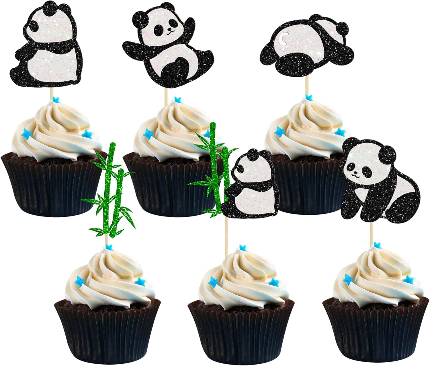 24Pcs Panda Cupcake Toppers Glitter Green Bamboo Cupcake Picks Cute Animal Bear Cake Decorations Baby Shower Kids Birthday Panda Theme Party Supplies