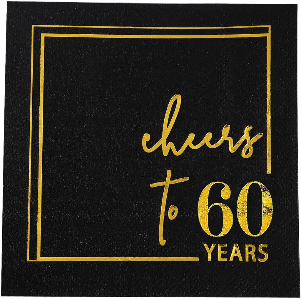 Cheers to Years Cocktail Napkins - 50 PK - 3-Ply Birthday Napkins 5x5 Inches Disposable Party Napkins Beverage Paper Napkins or Birthday Decorations Wedding Anniversary Black and Gold (60 Years)