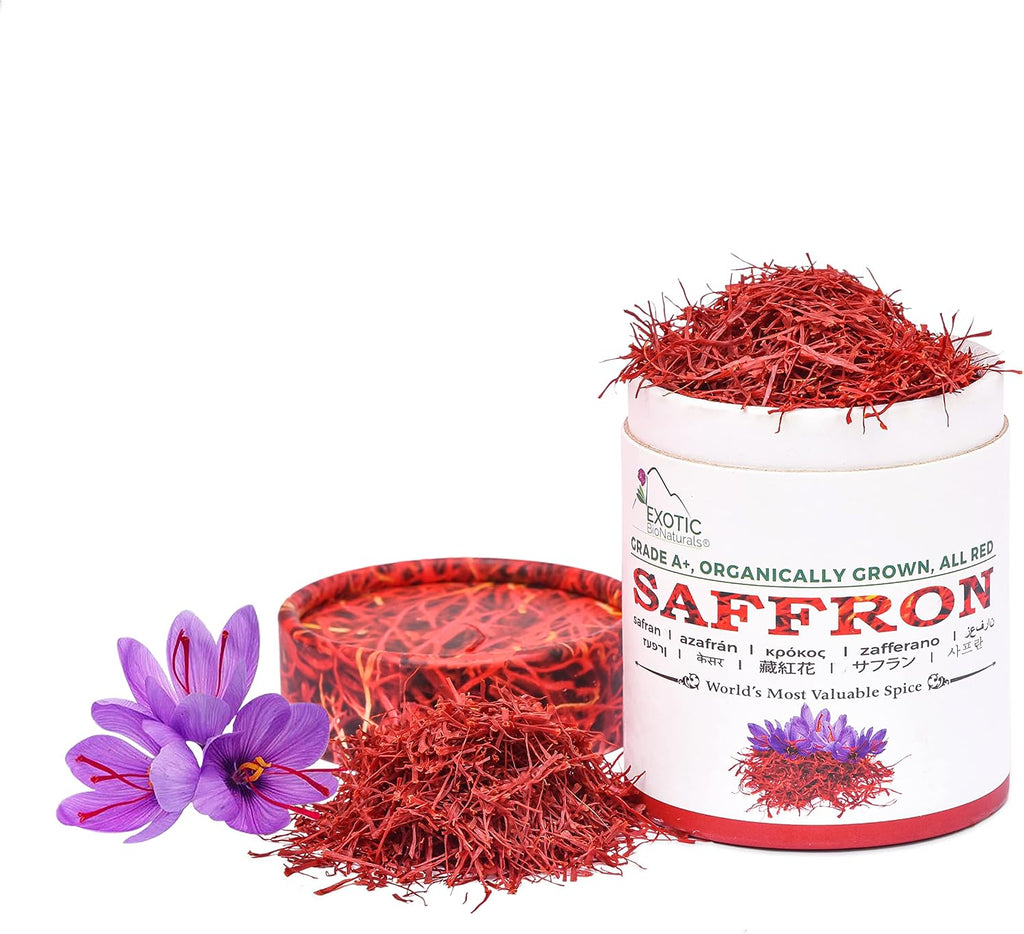 EXOTIC BioNaturals Saffron | Super Negin Grade A+ Saffron Spice | Non-GMO Verified Saffron Threads for Cooking Risotto, Paella, Bomba Rice, Golden Milk and Saffron Tea (14 Grams / 0.49 ounce)