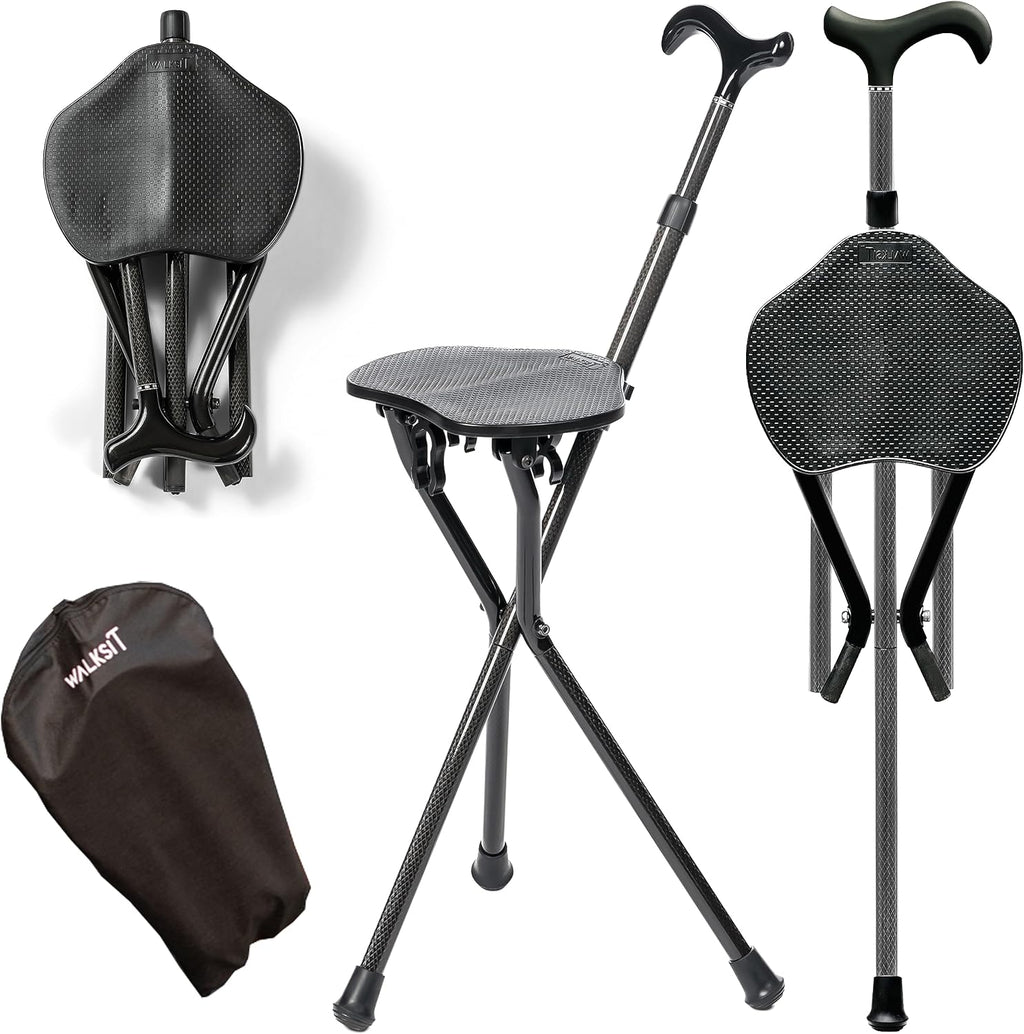 Folding Cane Seat, Carbon Fiber Walking Stick with Chair, Portable, Compact Foldable Cane and Chair Combination with Carry Case