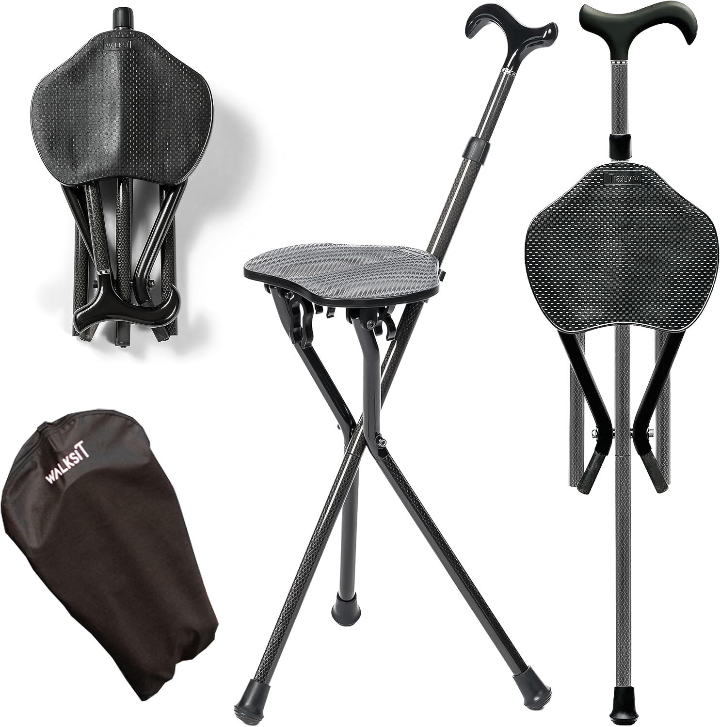 Folding Cane Seat, Carbon Fiber Walking Stick with Chair, Portable, Compact Foldable Cane and Chair Combination with Carry Case