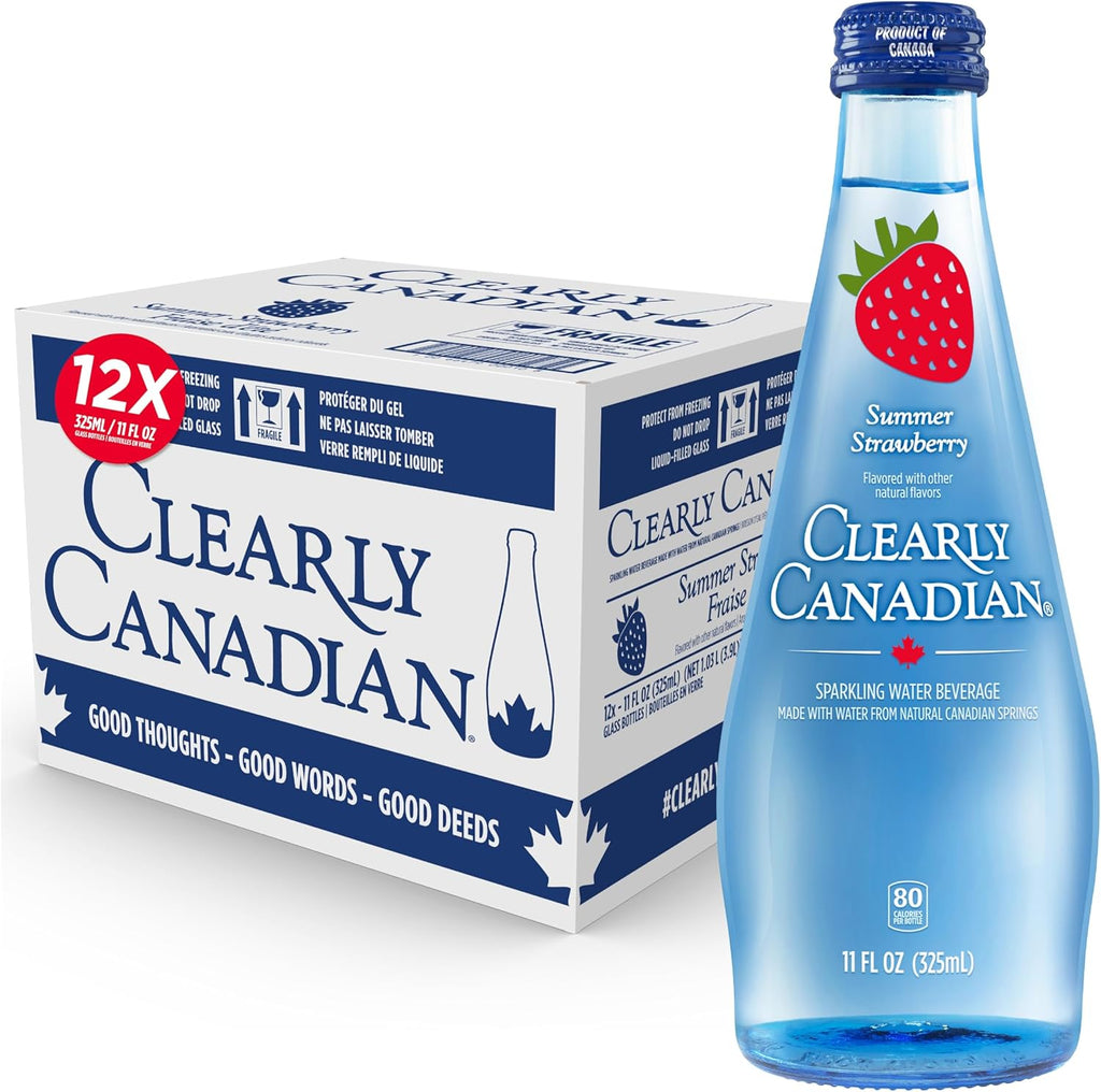 Clearly Canadian Summer Strawberry Sparkling Spring Water Beverage, Natural & Carbonated. 1 Case (12 Bottles x 325mL)
