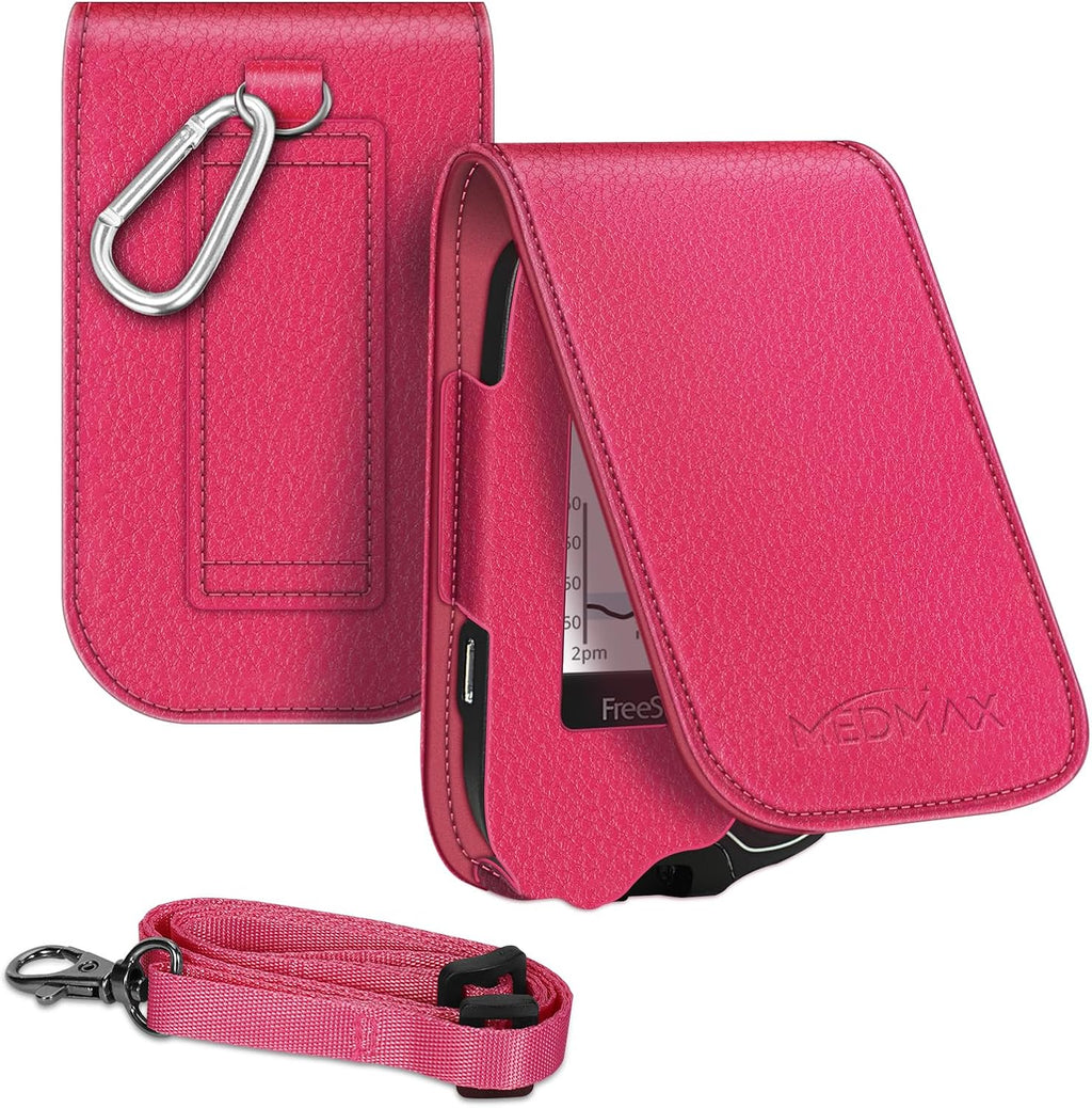 PU Protective Case with Detachable Hanging Lanyard for Freestyle Libre 3 2 / Libre Reader, Lightweight Shockproof Diabetic Storage Neck Sling Carrying Case with Carabiner Clip (Magenta)