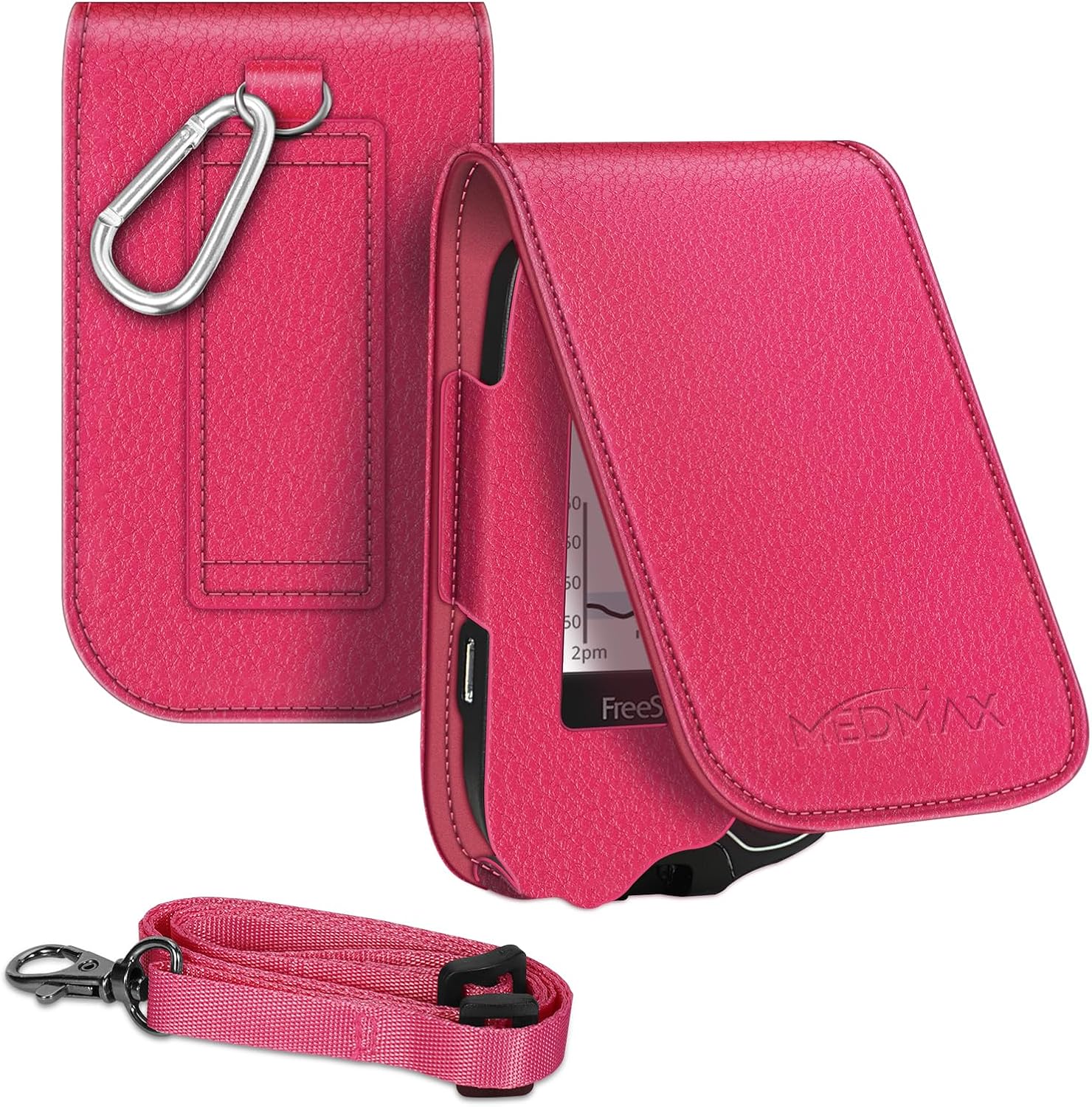 PU Protective Case with Detachable Hanging Lanyard for Freestyle Libre 3 2 / Libre Reader, Lightweight Shockproof Diabetic Storage Neck Sling Carrying Case with Carabiner Clip (Magenta)