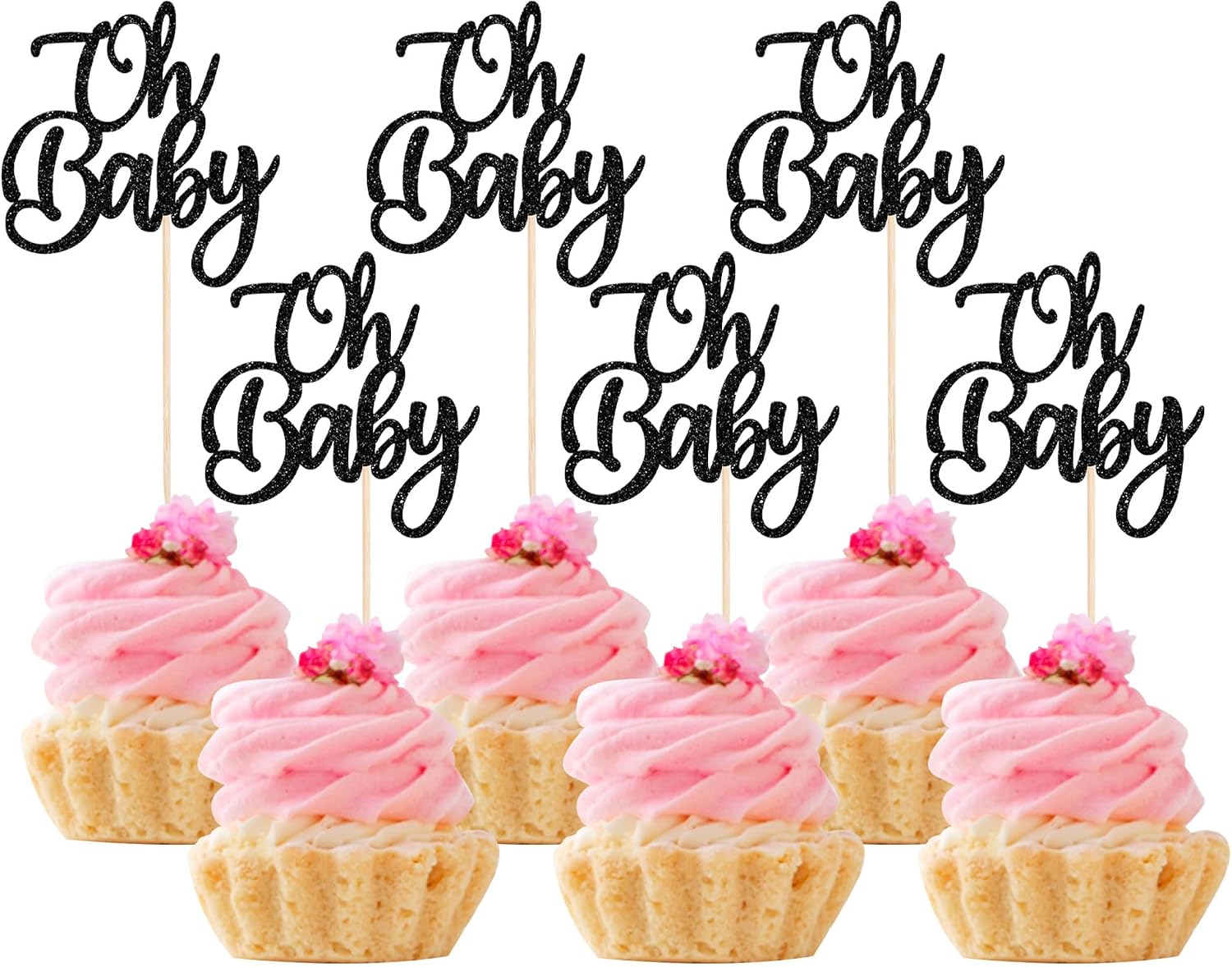 Rsstarxi 24 Pack Oh Baby Cupcake Toppers Glitter Baby Shower Cupcake Decorations Baby Baptism Cupcake Food Toothpicks for Boys Girls Birthday Party Cake Decorations Black