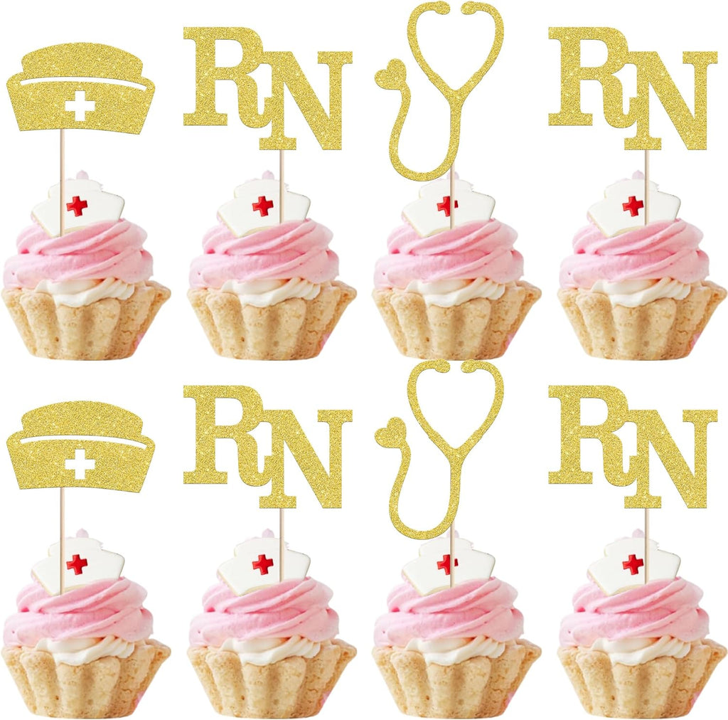 24 PCS Nurse Cupcake Toppers Gold Glitter Nurse Cap Stethoscope Cupcake Picks Nursing School Graduation Cupcake Decorations for Medical Rn Themed Baby Shower Birthday Party Cake Decorations Supplies