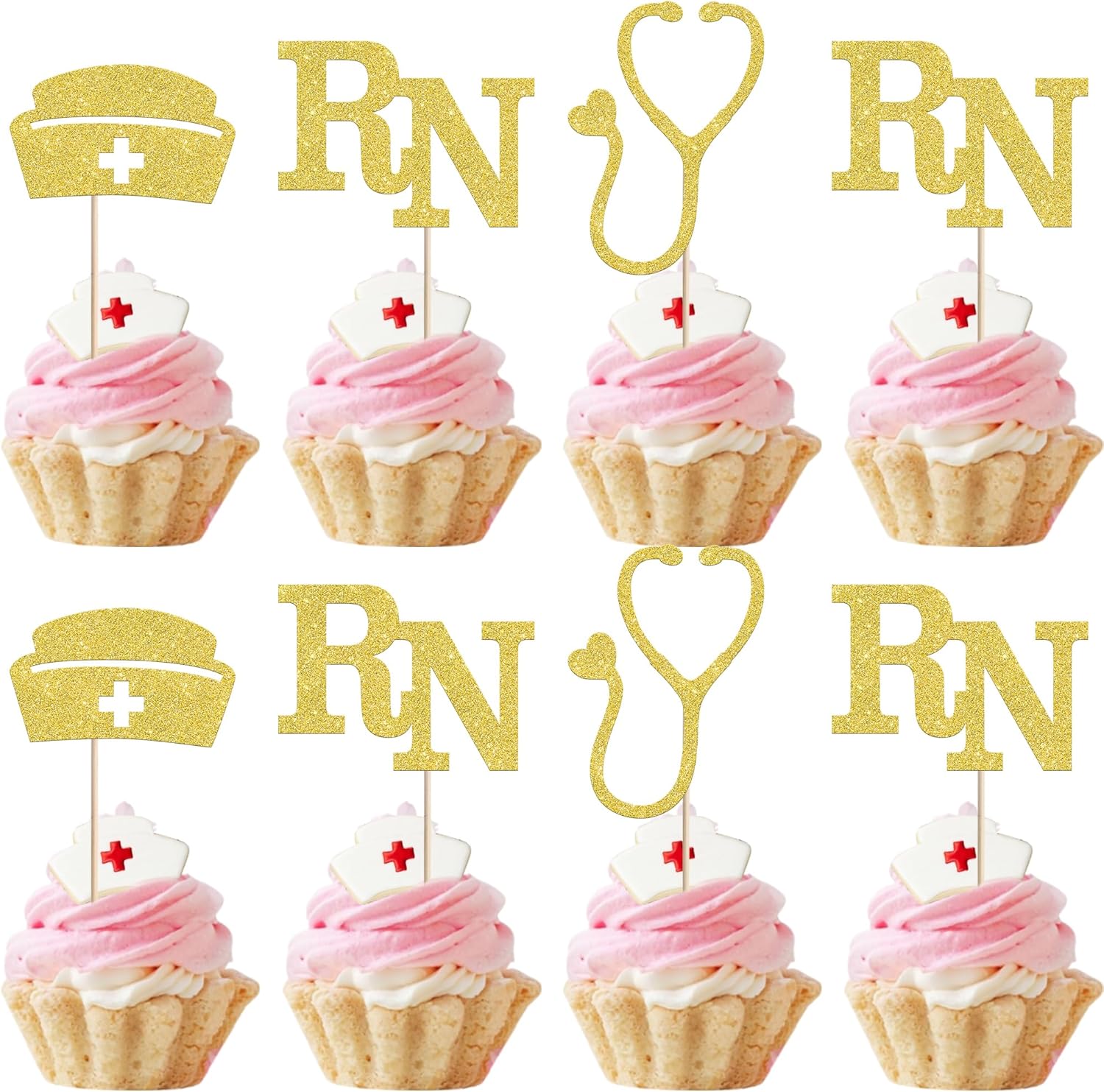 24 PCS Nurse Cupcake Toppers Gold Glitter Nurse Cap Stethoscope Cupcake Picks Nursing School Graduation Cupcake Decorations for Medical Rn Themed Baby Shower Birthday Party Cake Decorations Supplies