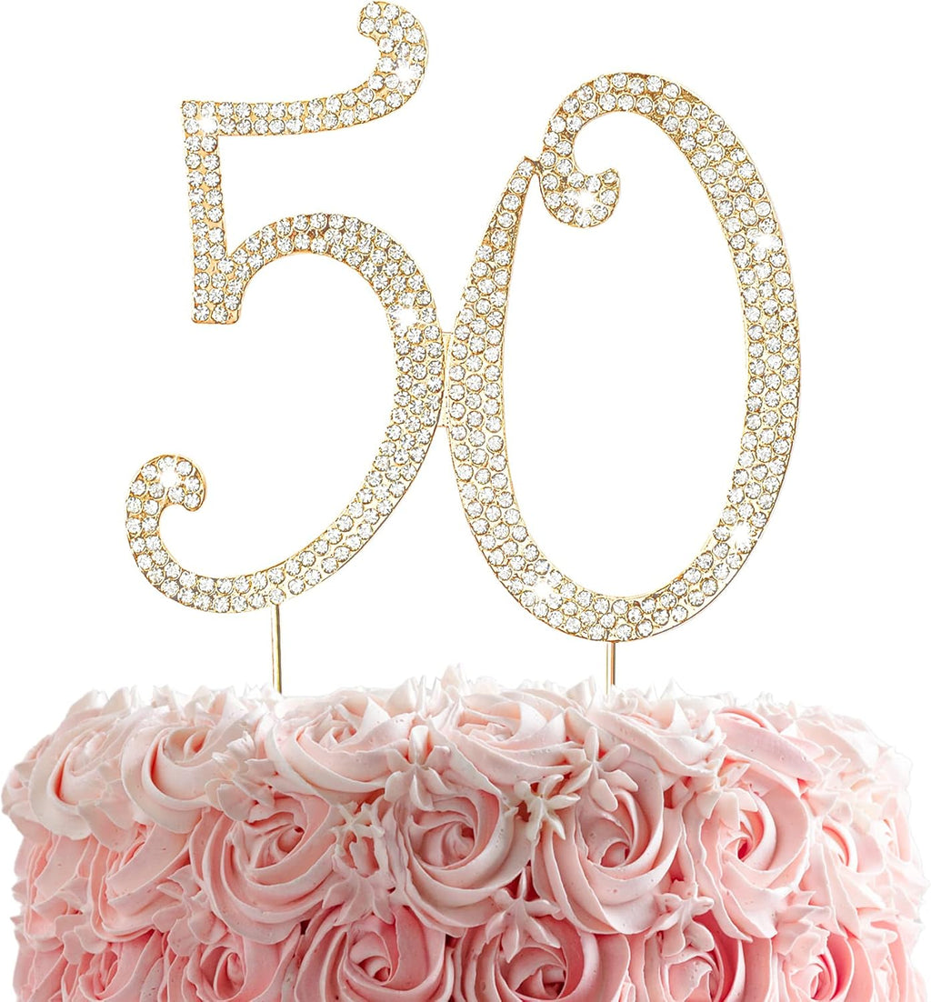 50th Rhinestones Cake Topper, Gold 50th Birthday Cake Decoration, Wedding Anniversary Party Decor Ideal Perfect Keepsake