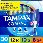 Tampax Compact Pearl Tampons for Women Multipack, with LeakGuard Braid & Extendable Applicator, Regular/Super/Super Plus Absorbency, Compact Extendable Applicator, Unscented, 30 Count