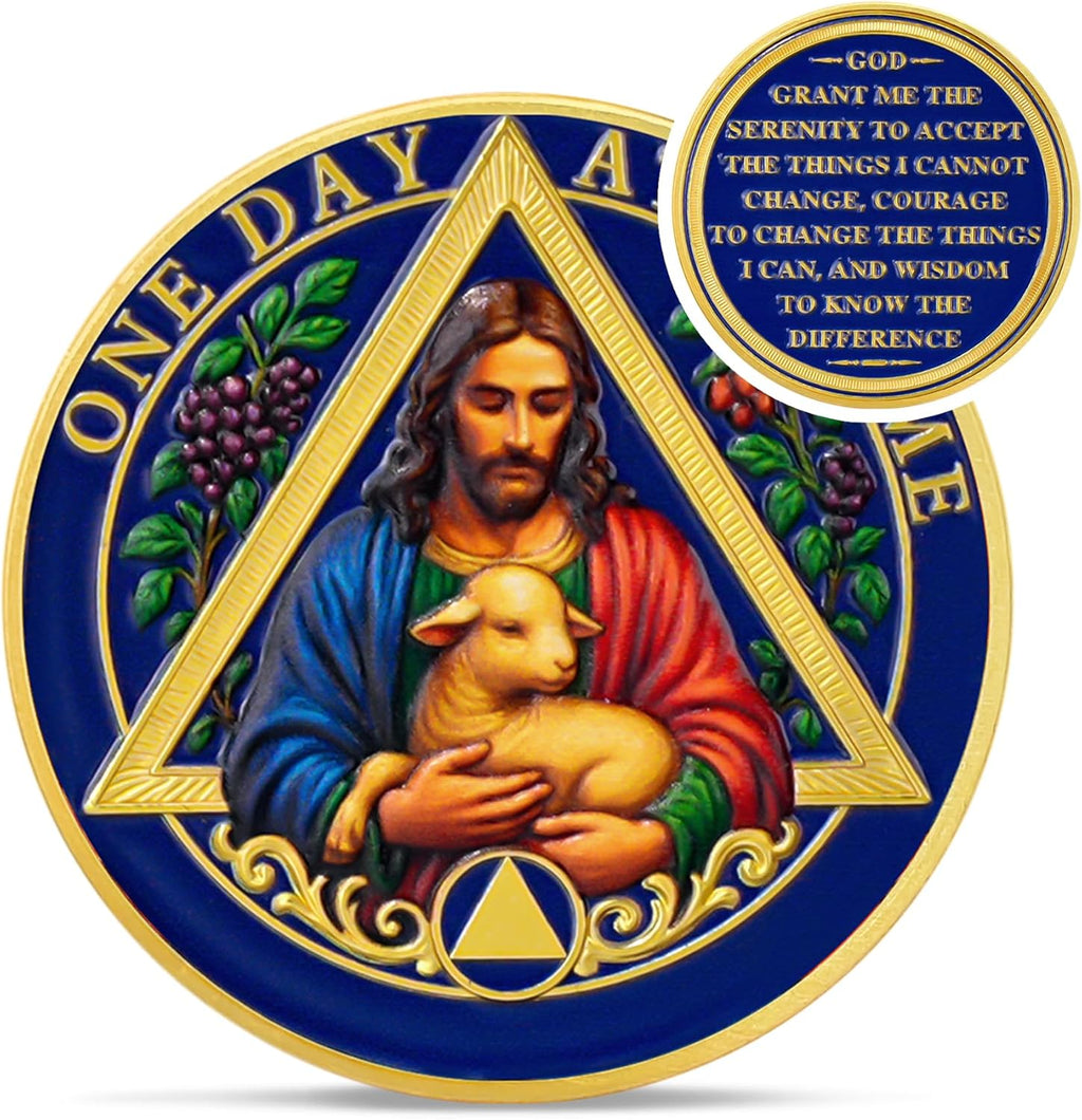 The Good Shepherd Blessing Sobriety Coin - One Day at A Time Religious AA Coins - Addiction Recovery Christian AA Chips and Medallions - God Serenity Prayer 1-65 Alcoholics Anonymous Anniversary Gifts