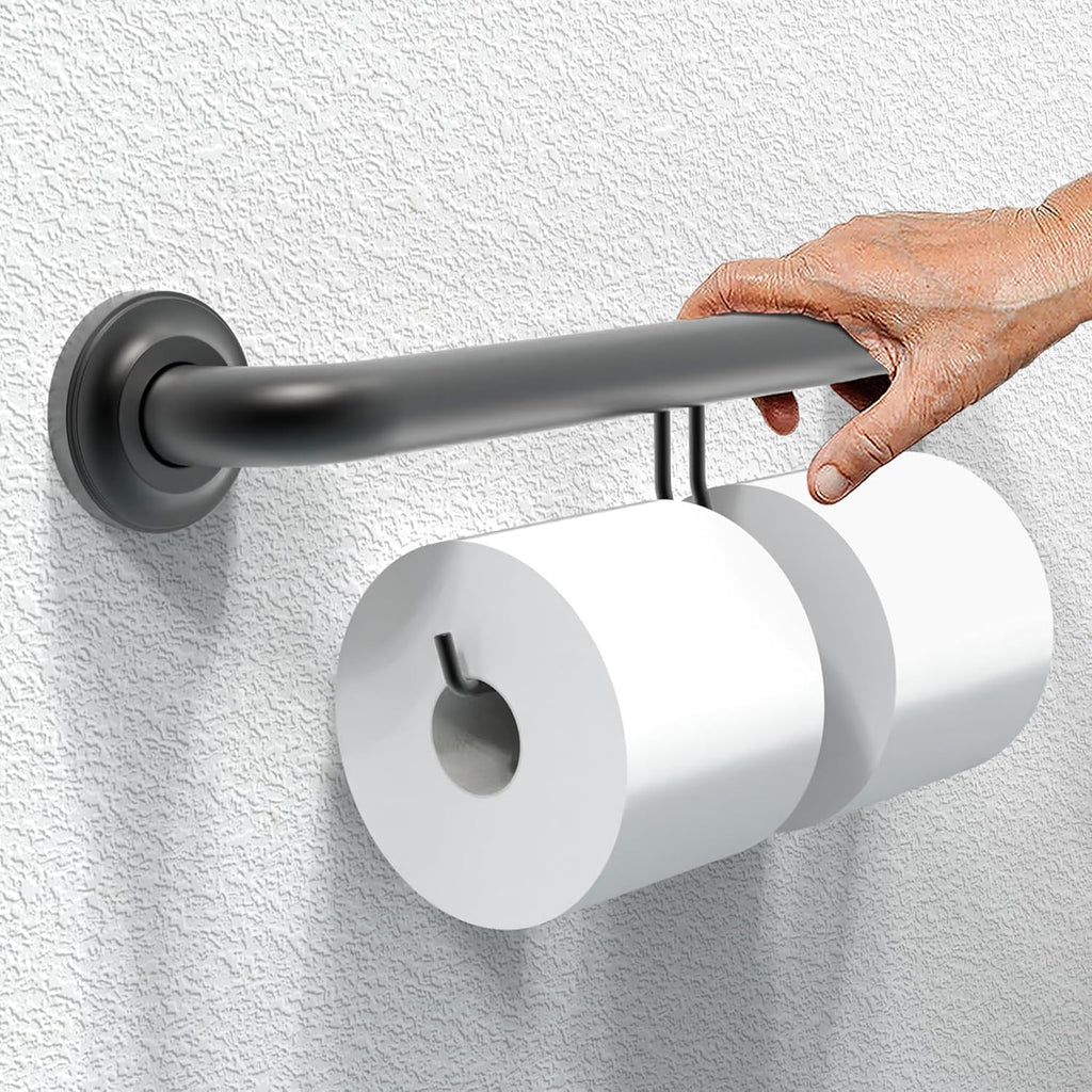 ADA Compliant Grab Bar with Toilet Paper Holder (2 Mega Rolls), 500lbs Weight Support, 1-1/4 x 16 inch for Stud Mount, Matte Black