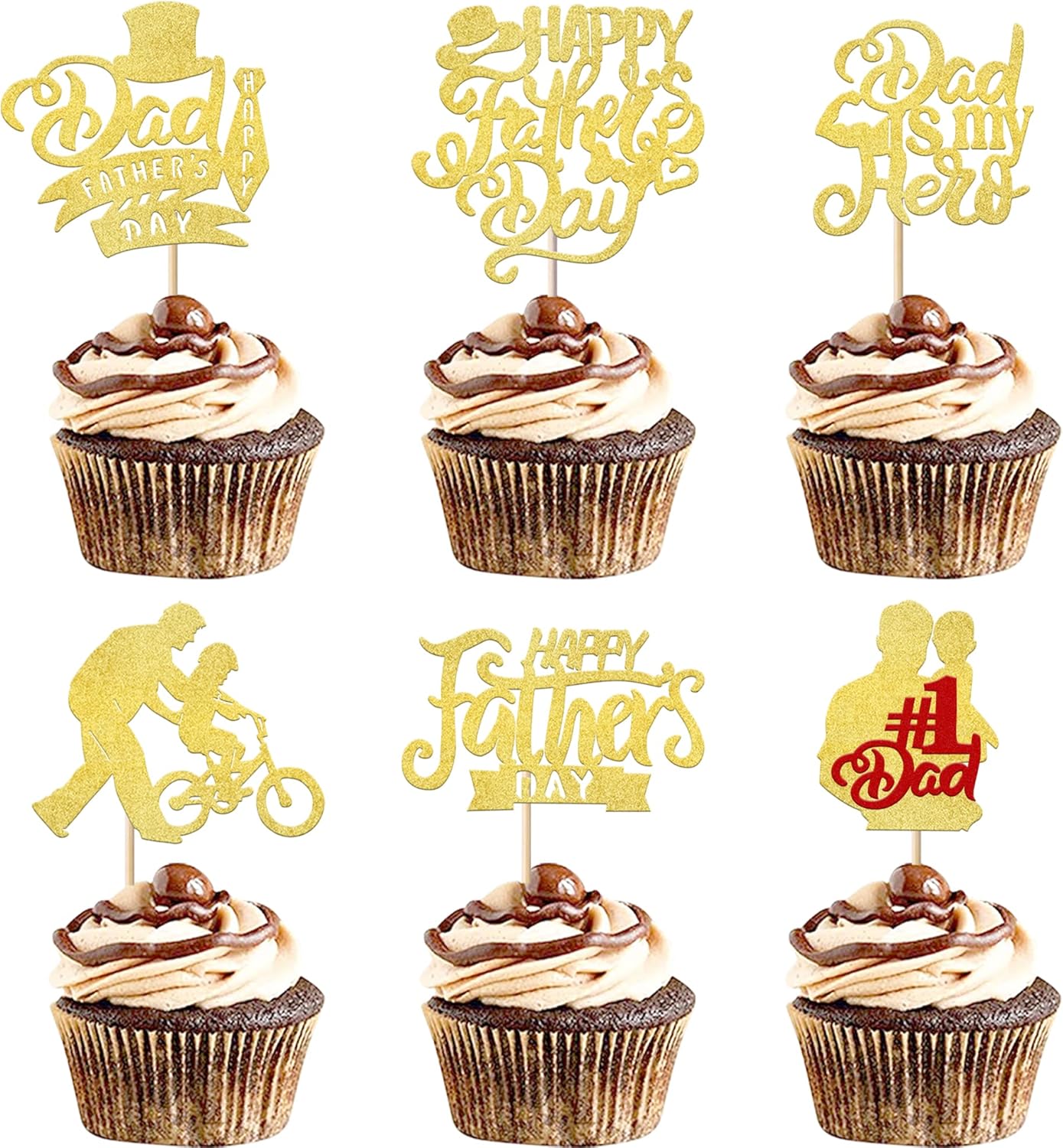 Rsstarxi 24 Pack Happy Father's Day Cupcake Toppers Gold Glitter No.1 Dad Dad is My Hero Best Dad Cupcake Picks for Happy Father's Day Birthday Theme Party Cake Decorations Supplies