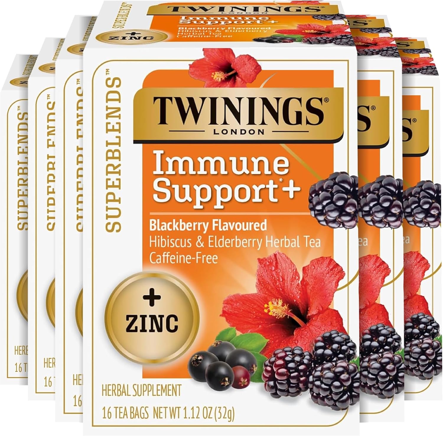 Twinings Superblends Immune Support+ Zinc Blackberry Flavoured Hibiscus, Elderberry Herbal, Naturally Caffeine-Free, 16 Tea Bags (Pack of 6), Enjoy Hot or Iced, 96 Teabags