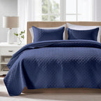 FLYMME Quilts Queen Size - Ultra Soft Navy Blue Quilt Lightweight Microfiber Bedspreads, Classic Basket Weave Pattern Bedspread Bed Coverlet 3 Pieces for All-Season (1 Quilt, 2 Pillow Shams) | Breathable material, Easy care
