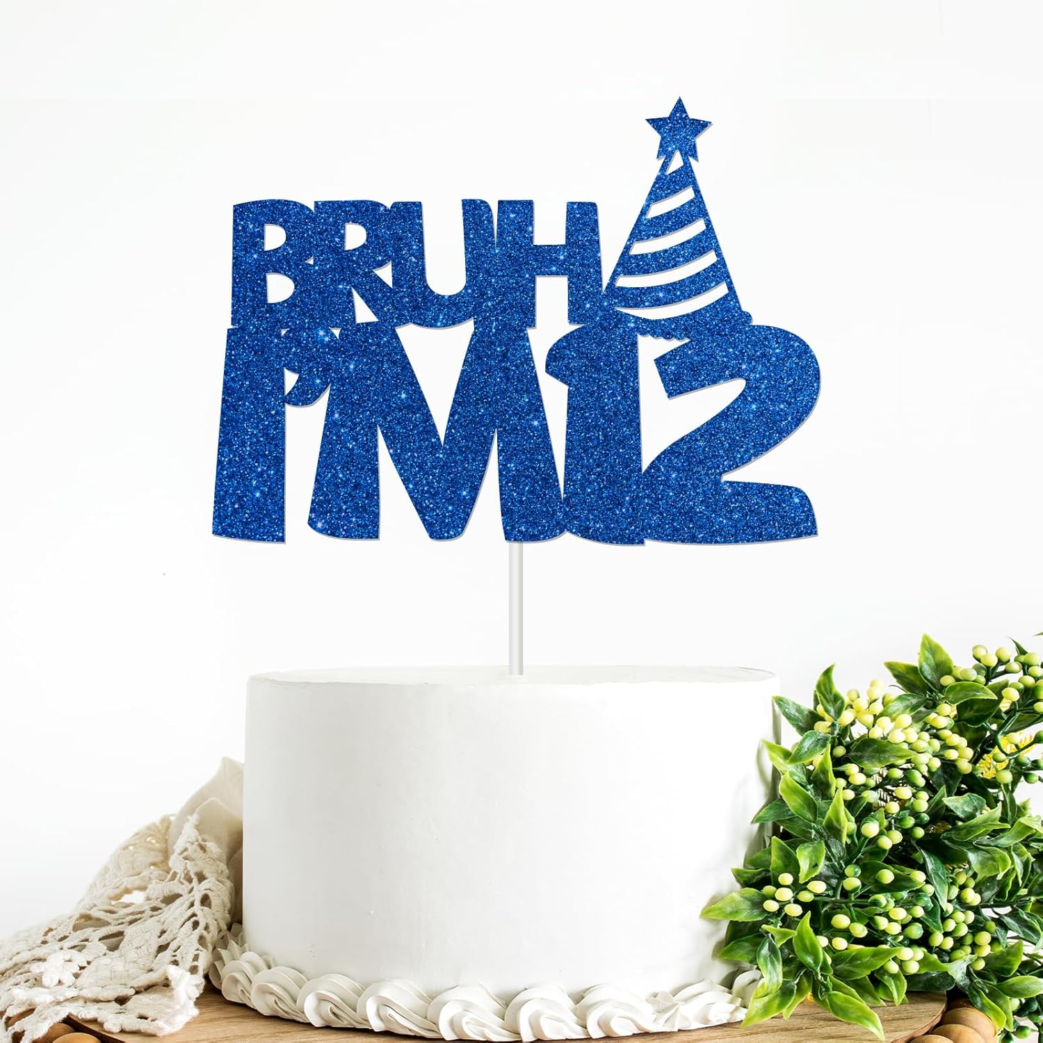 Bruh I'm 12 Cake Topper Blue Glitter 12th Birthday Party Cake Decor for Kids Boys Happy 12th Birthday Sign Funny Twelve Years Old Birthday Party Decoration Supplies