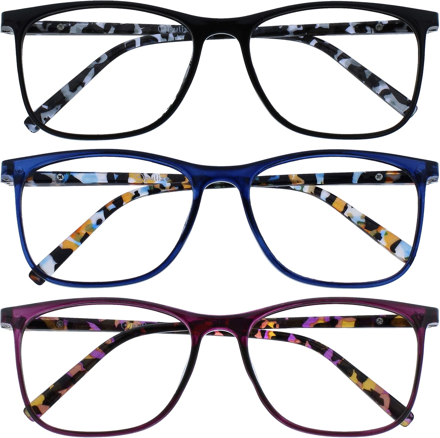 OPULIZE ARC Large Reading glasses for Women Men,Scratch Resistant Rectangular frame with Spring Hinges,Black, Blue, Purple +2 (Pack of 3)
