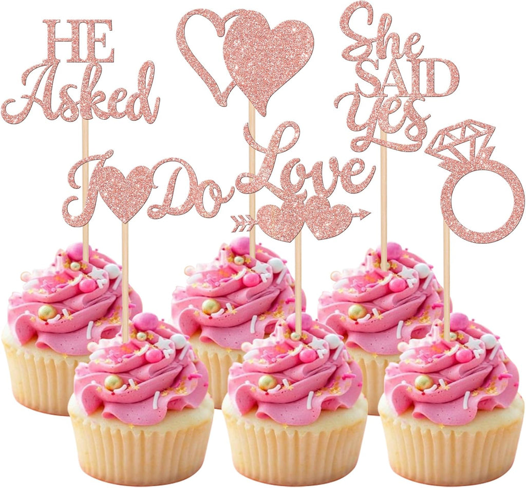 36 Pack He Asked She Said Yes Cupcake Toppers Glitter Ring Love Heart I do Cupcake Food Picks for Wedding Engagement Bridal Shower Party Cake Decorations Supplies Rose Gold