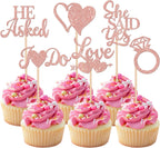36 Pack He Asked She Said Yes Cupcake Toppers Glitter Ring Love Heart I do Cupcake Food Picks for Wedding Engagement Bridal Shower Party Cake Decorations Supplies Rose Gold