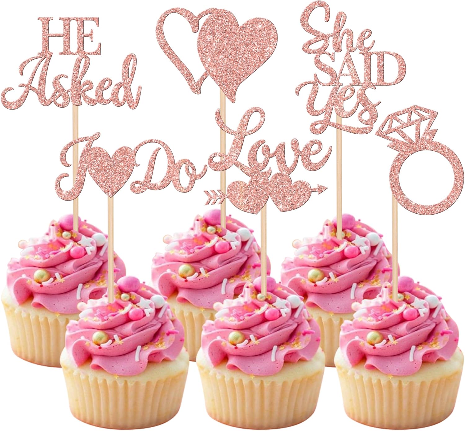 36 Pack He Asked She Said Yes Cupcake Toppers Glitter Ring Love Heart I do Cupcake Food Picks for Wedding Engagement Bridal Shower Party Cake Decorations Supplies Rose Gold