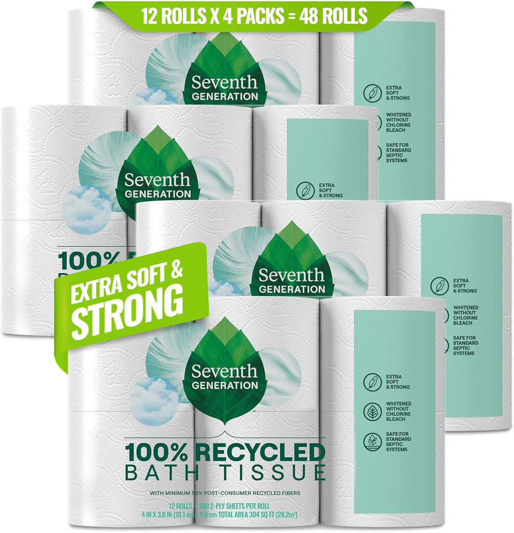 Seventh Generation Toilet Paper Recycled Bath Tissue 4-Pack 100% Recycled Paper 2-ply without Chlorine Bleach 12 Rolls
