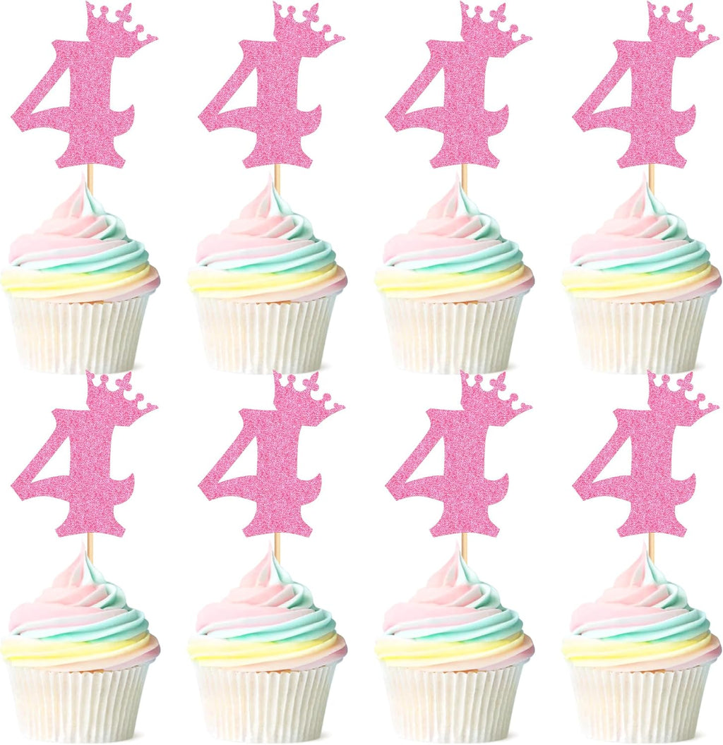 Ercadio 24 Pack Number 4 Cupcake Toppers 4th Birthday Cupcake Toppers Glitter Pink Number 4 Cupcake Picks Cheers to 4 Anniversary Decorations for Baby Shower Party Cake Supplies