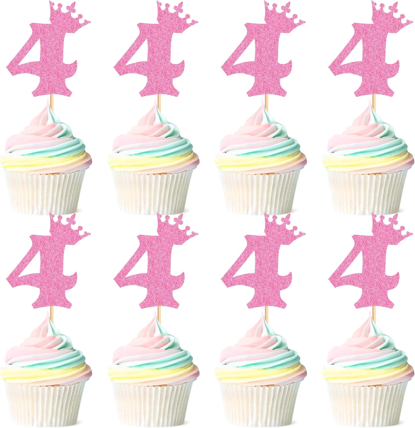 Ercadio 24 Pack Number 4 Cupcake Toppers 4th Birthday Cupcake Toppers Glitter Pink Number 4 Cupcake Picks Cheers to 4 Anniversary Decorations for Baby Shower Party Cake Supplies
